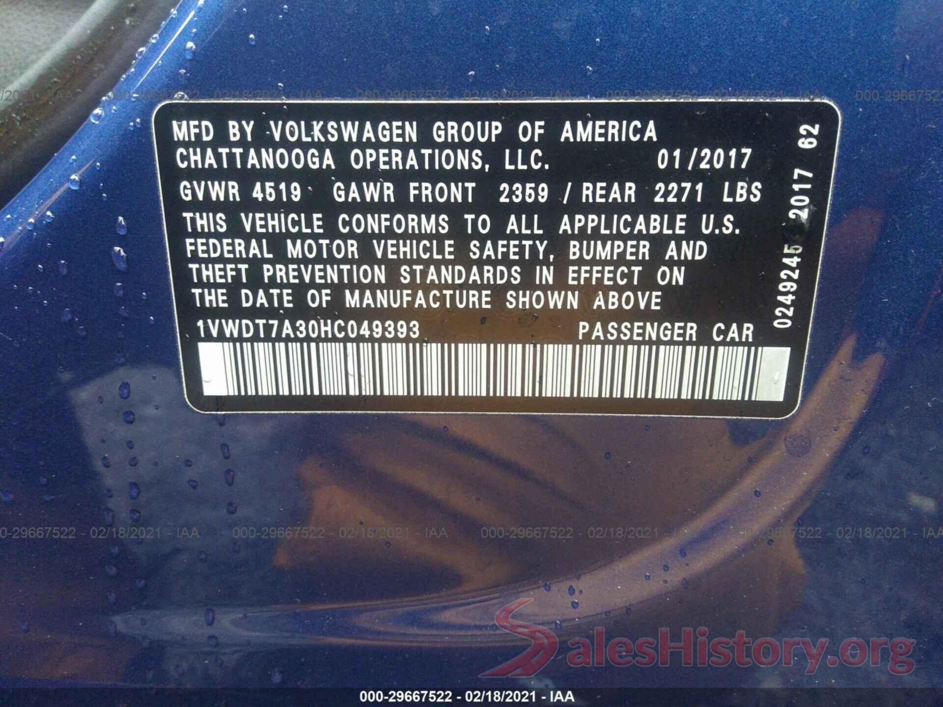 1VWDT7A30HC049393 2017 VOLKSWAGEN PASSAT