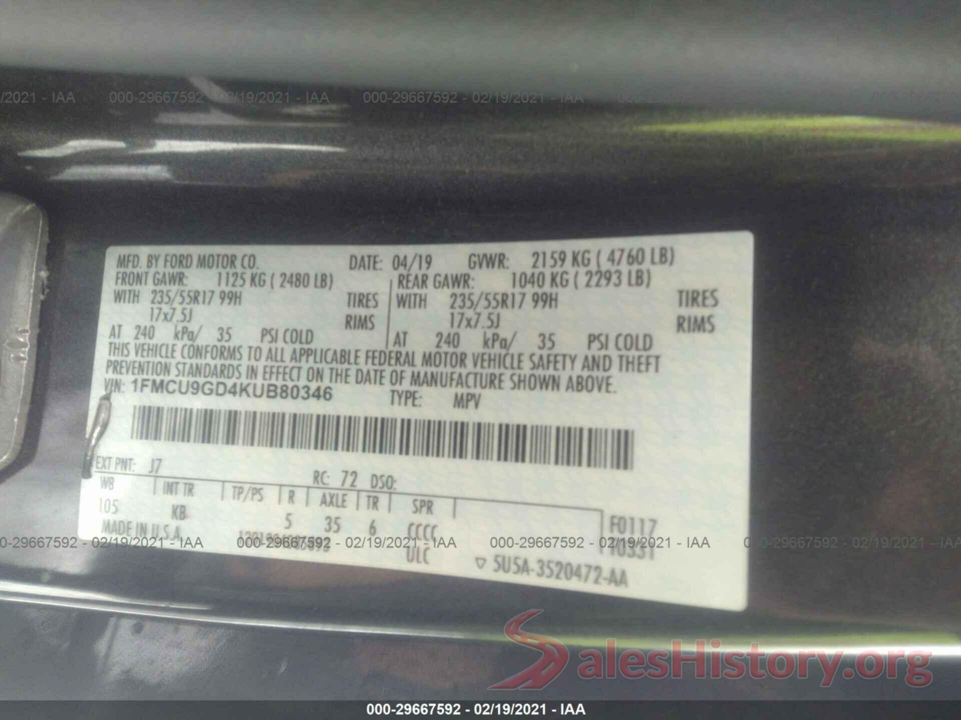 1FMCU9GD4KUB80346 2019 FORD ESCAPE