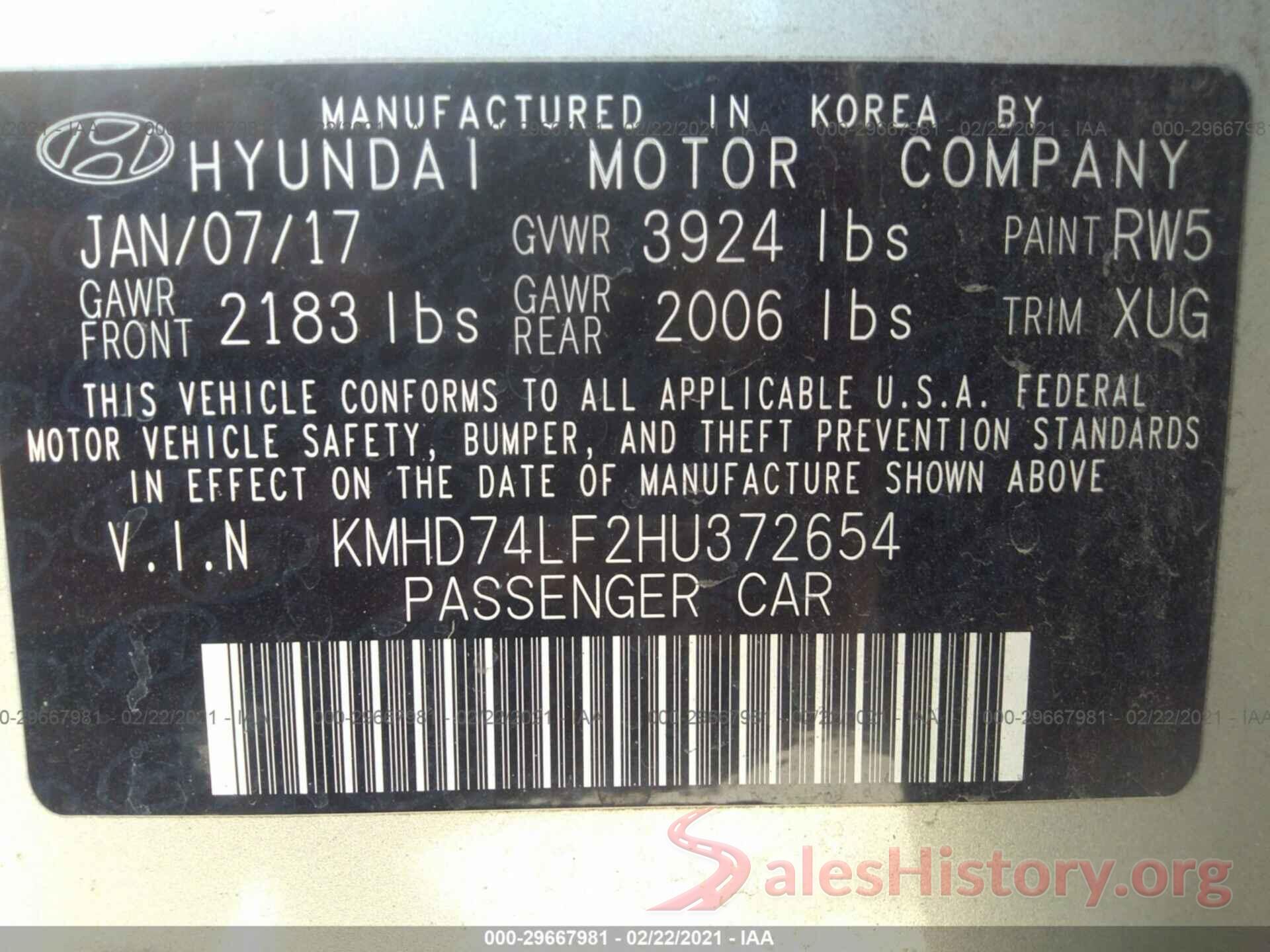 KMHD74LF2HU372654 2017 HYUNDAI ELANTRA