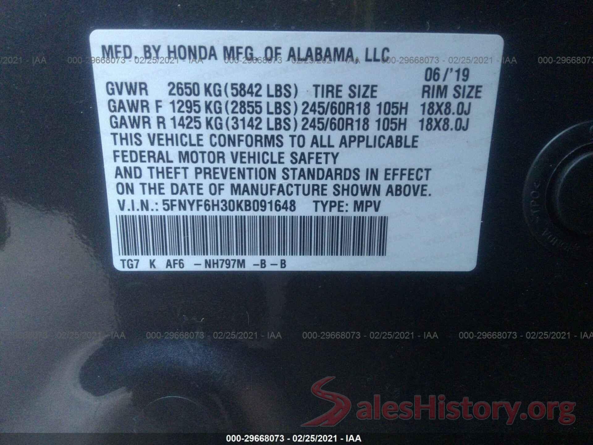 5FNYF6H30KB091648 2019 HONDA PILOT