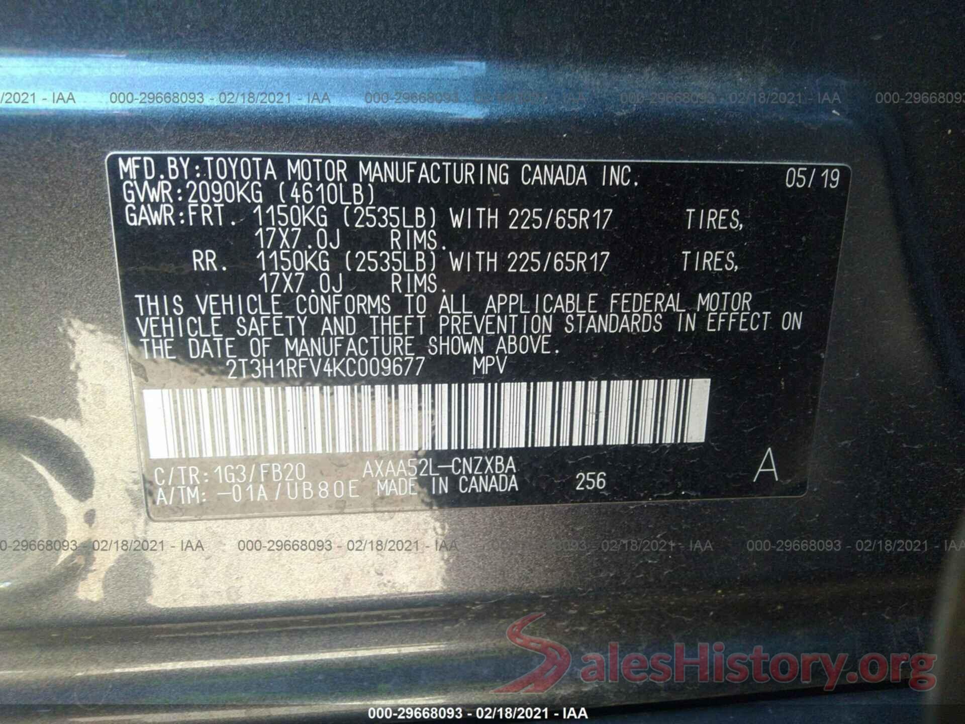 2T3H1RFV4KC009677 2019 TOYOTA RAV4