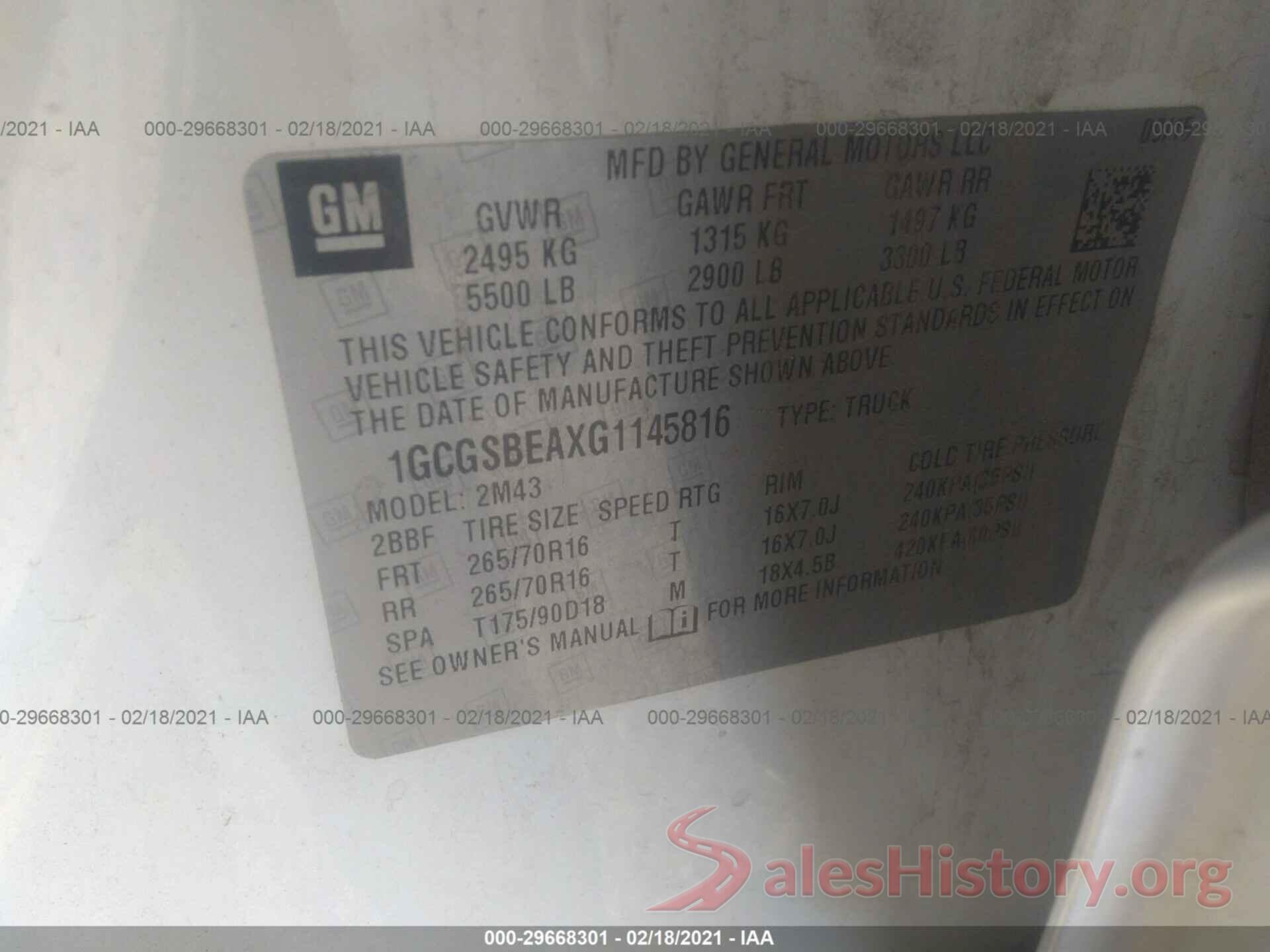 1GCGSBEAXG1145816 2016 CHEVROLET COLORADO