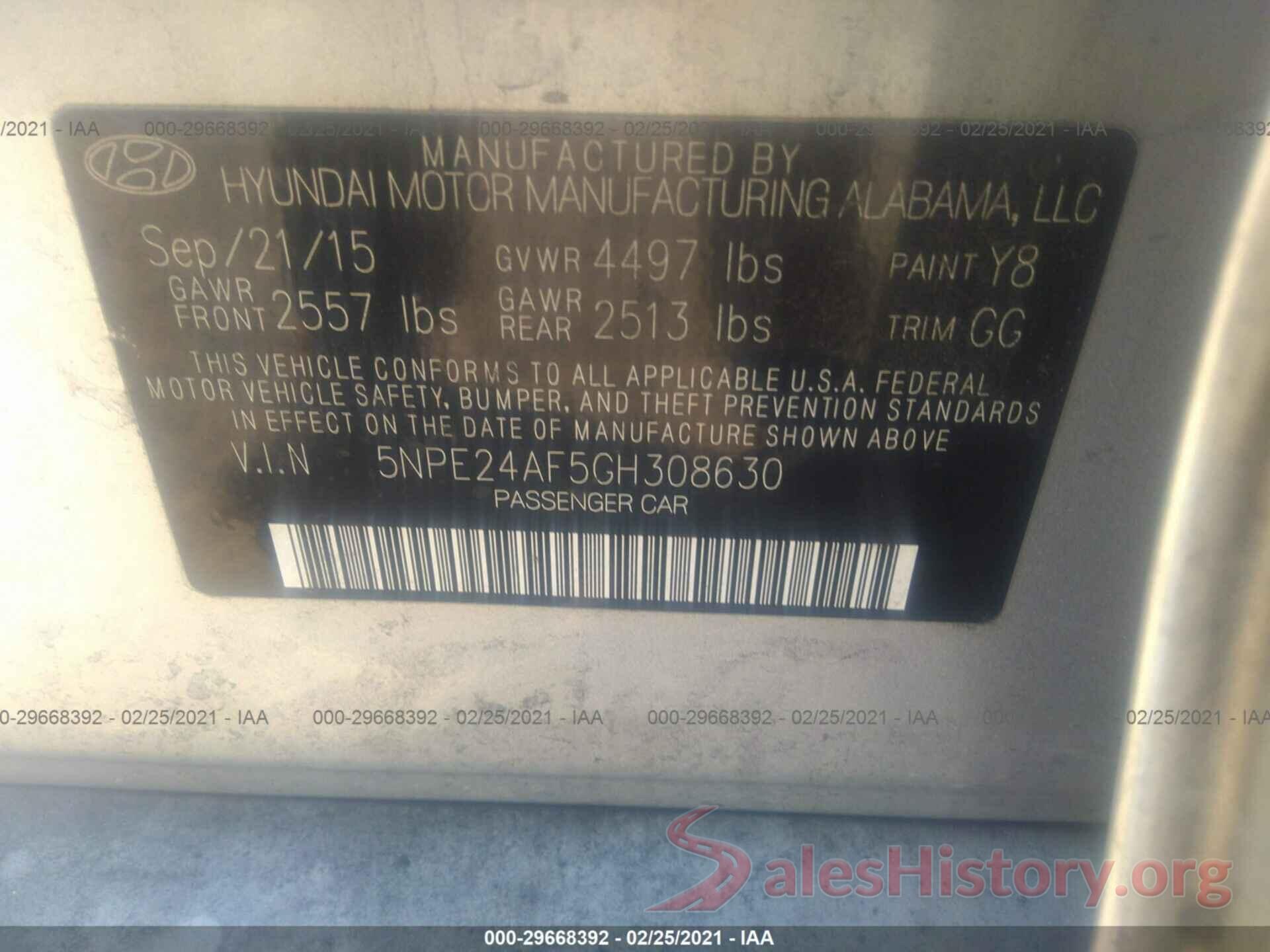 5NPE24AF5GH308630 2016 HYUNDAI SONATA