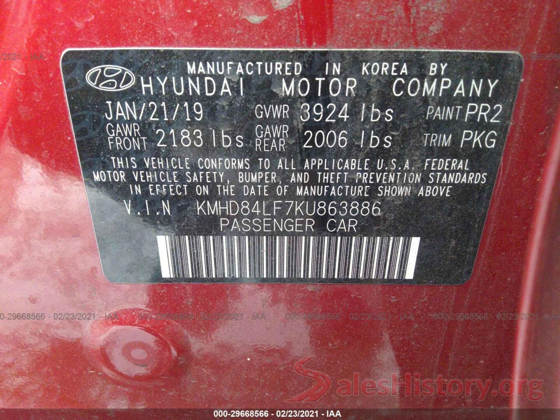 KMHD84LF7KU863886 2019 HYUNDAI ELANTRA