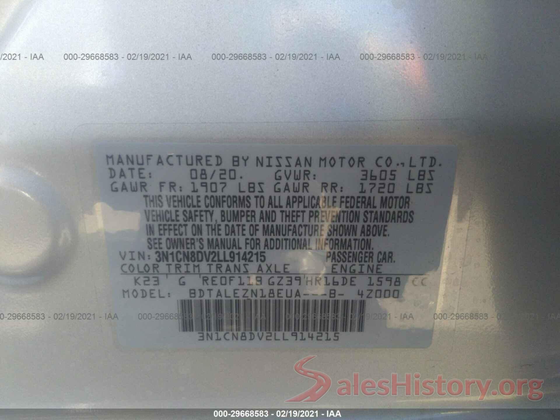 3N1CN8DV2LL914215 2020 NISSAN VERSA