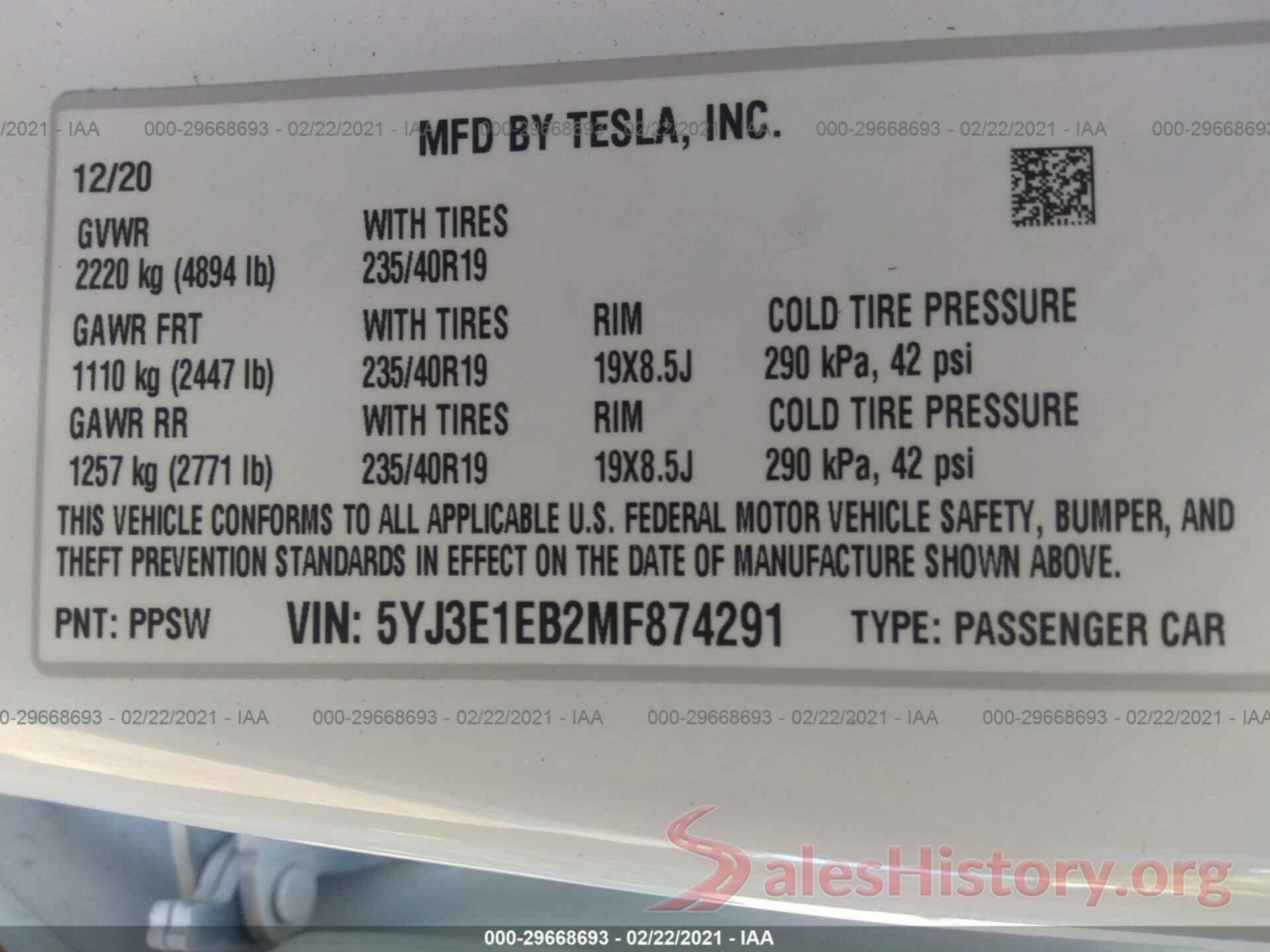 5YJ3E1EB2MF874291 2021 TESLA MODEL 3