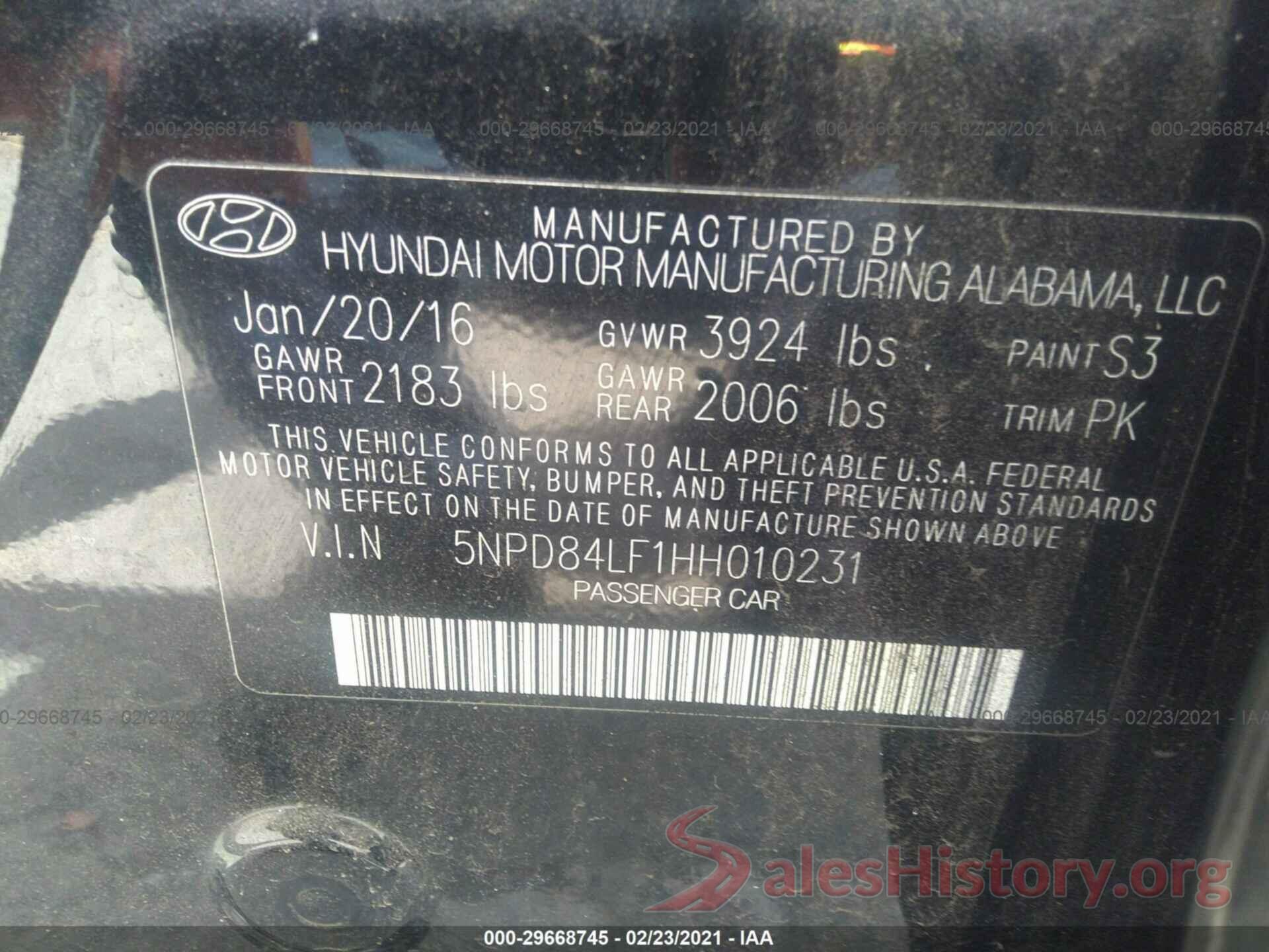 5NPD84LF1HH010231 2017 HYUNDAI ELANTRA