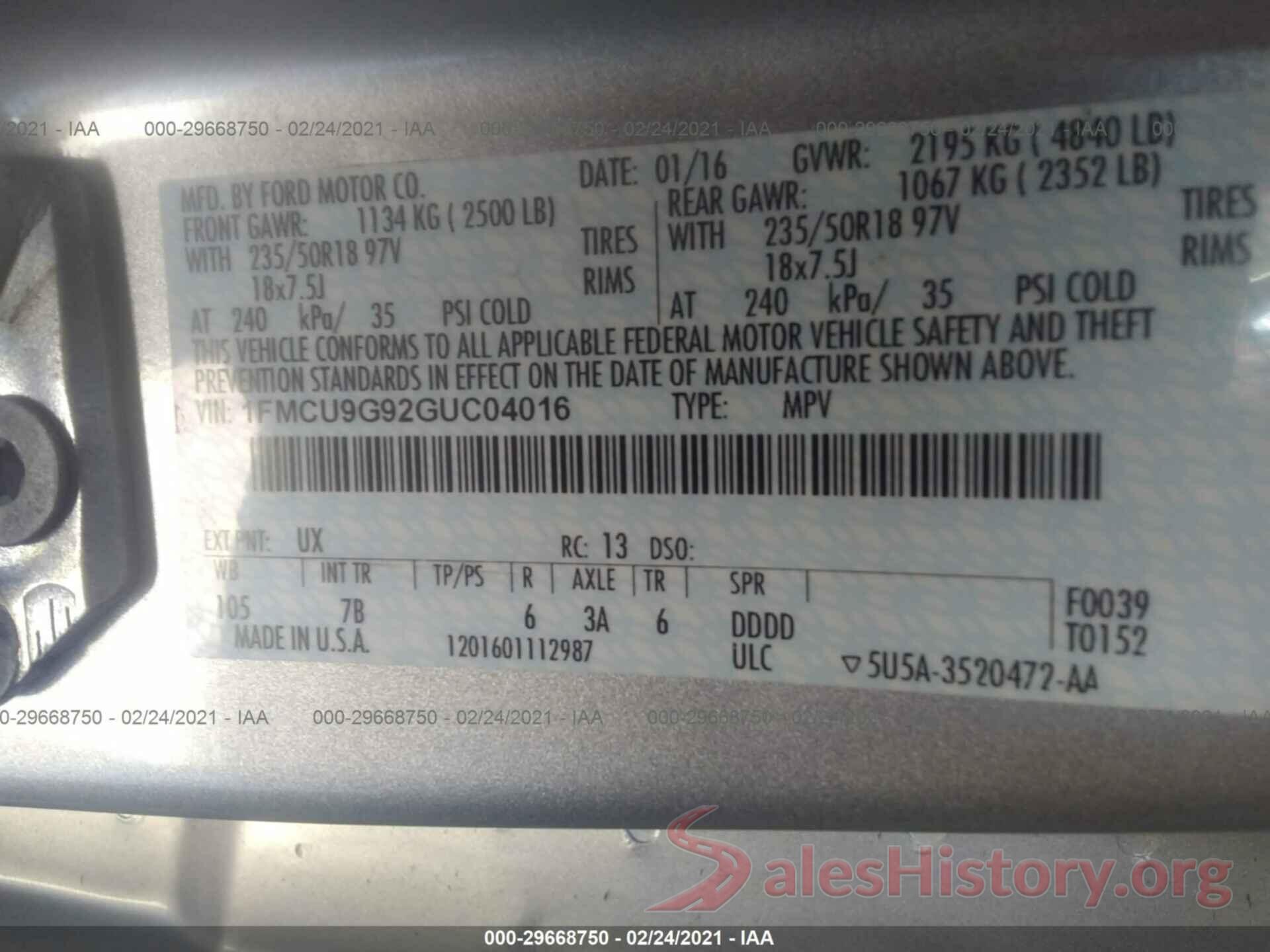 1FMCU9G92GUC04016 2016 FORD ESCAPE