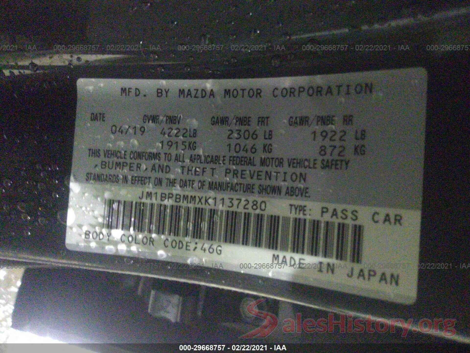 JM1BPBMMXK1137280 2019 MAZDA MAZDA3 HATCHBACK