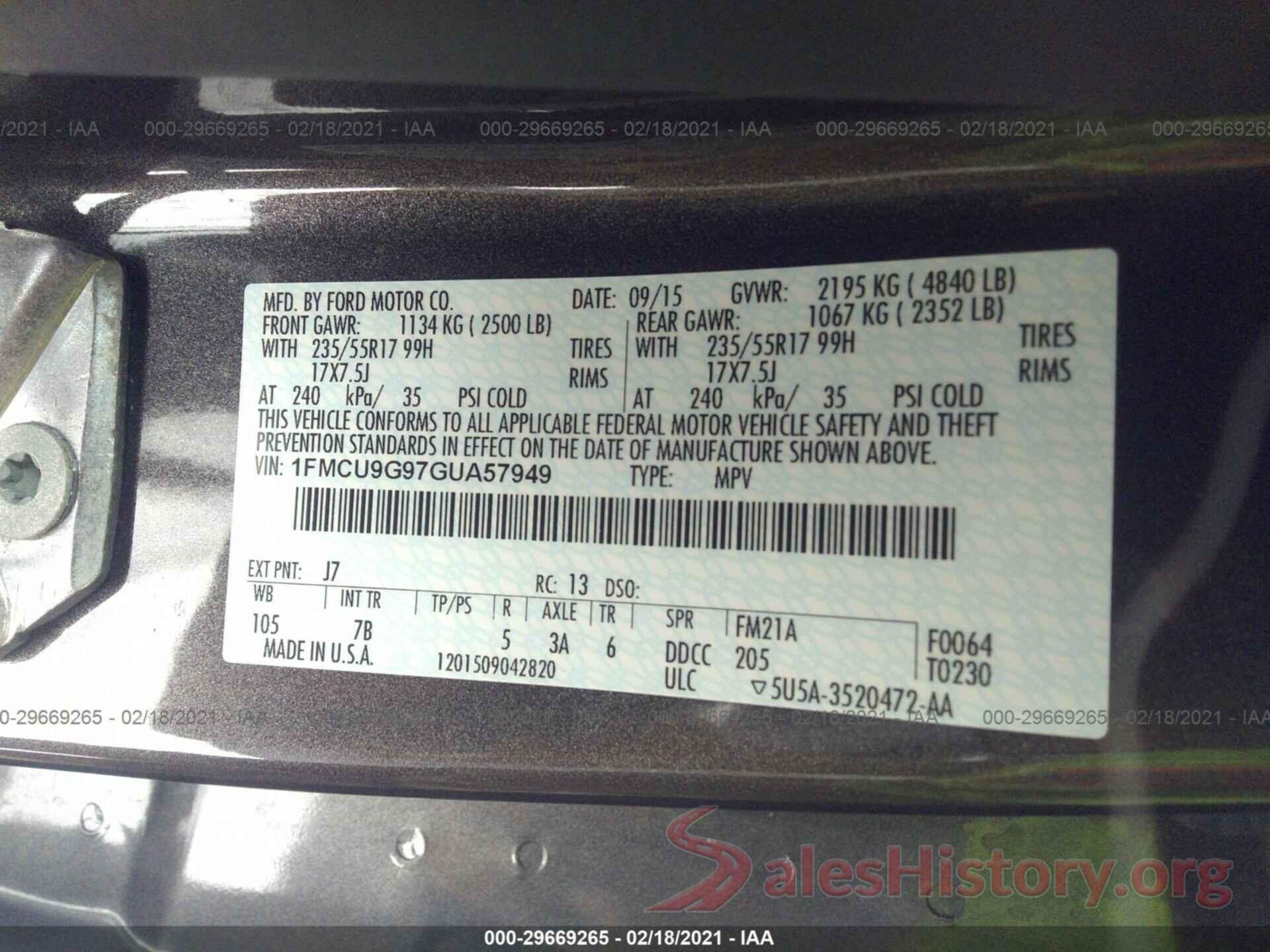 1FMCU9G97GUA57949 2016 FORD ESCAPE