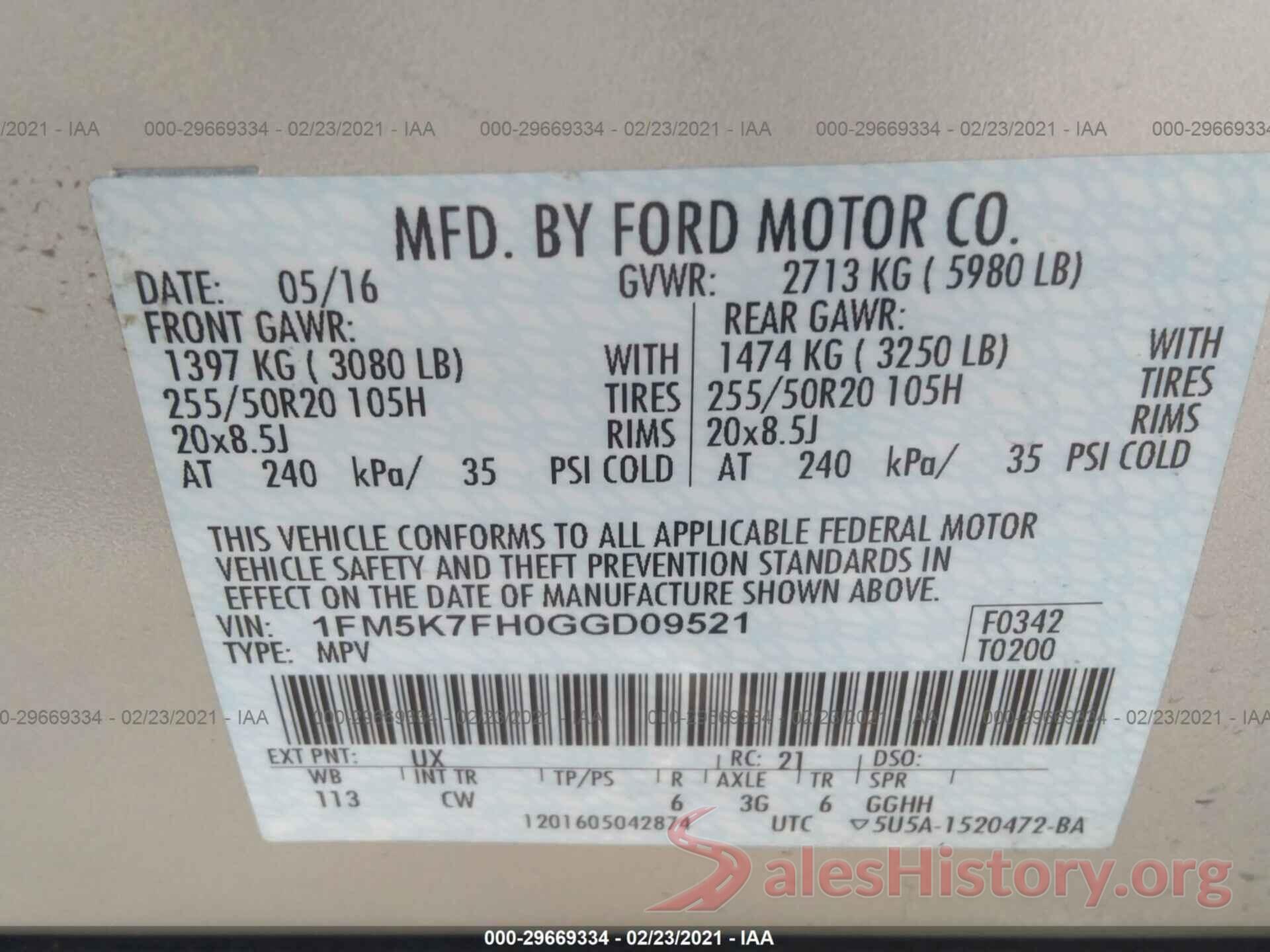 1FM5K7FH0GGD09521 2016 FORD EXPLORER