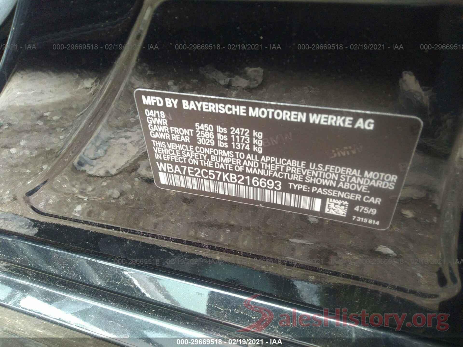 WBA7E2C57KB216693 2019 BMW 7 SERIES