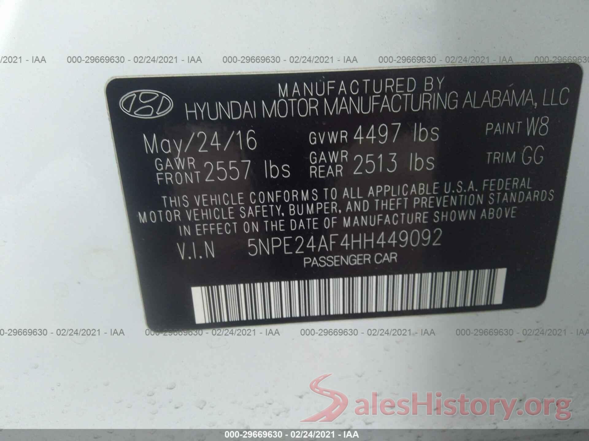 5NPE24AF4HH449092 2017 HYUNDAI SONATA