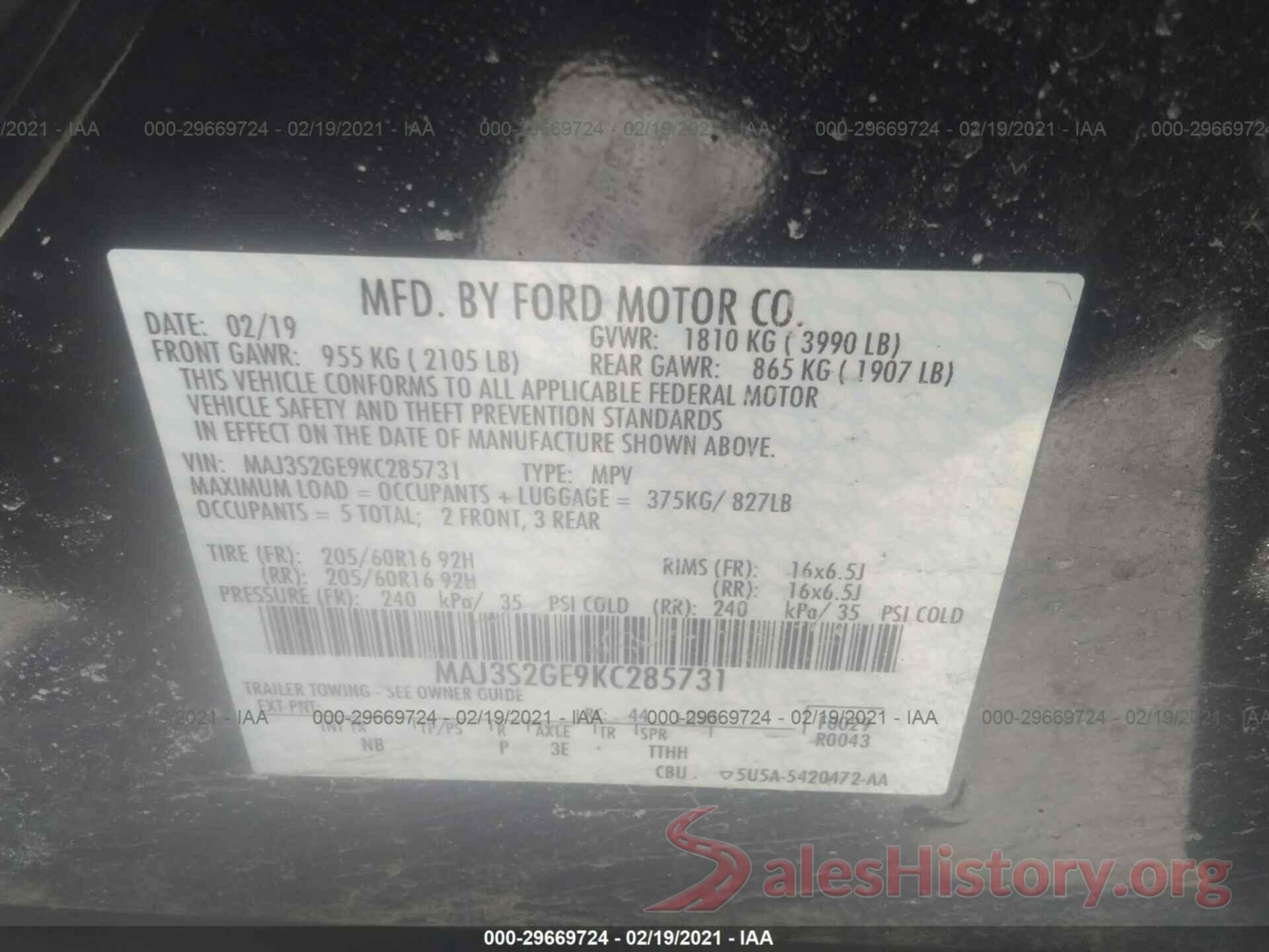 MAJ3S2GE9KC285731 2019 FORD ECOSPORT