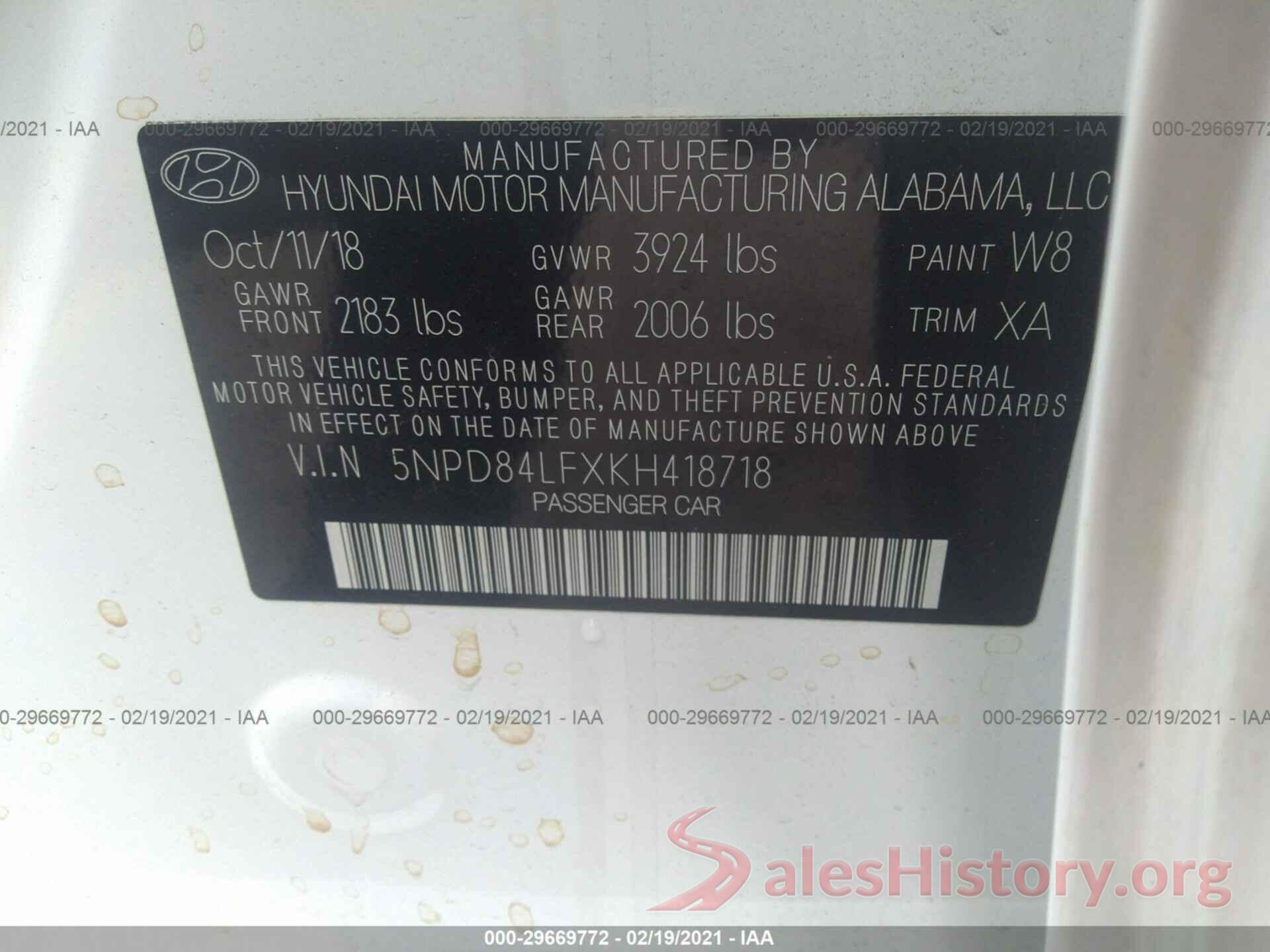 5NPD84LFXKH418718 2019 HYUNDAI ELANTRA