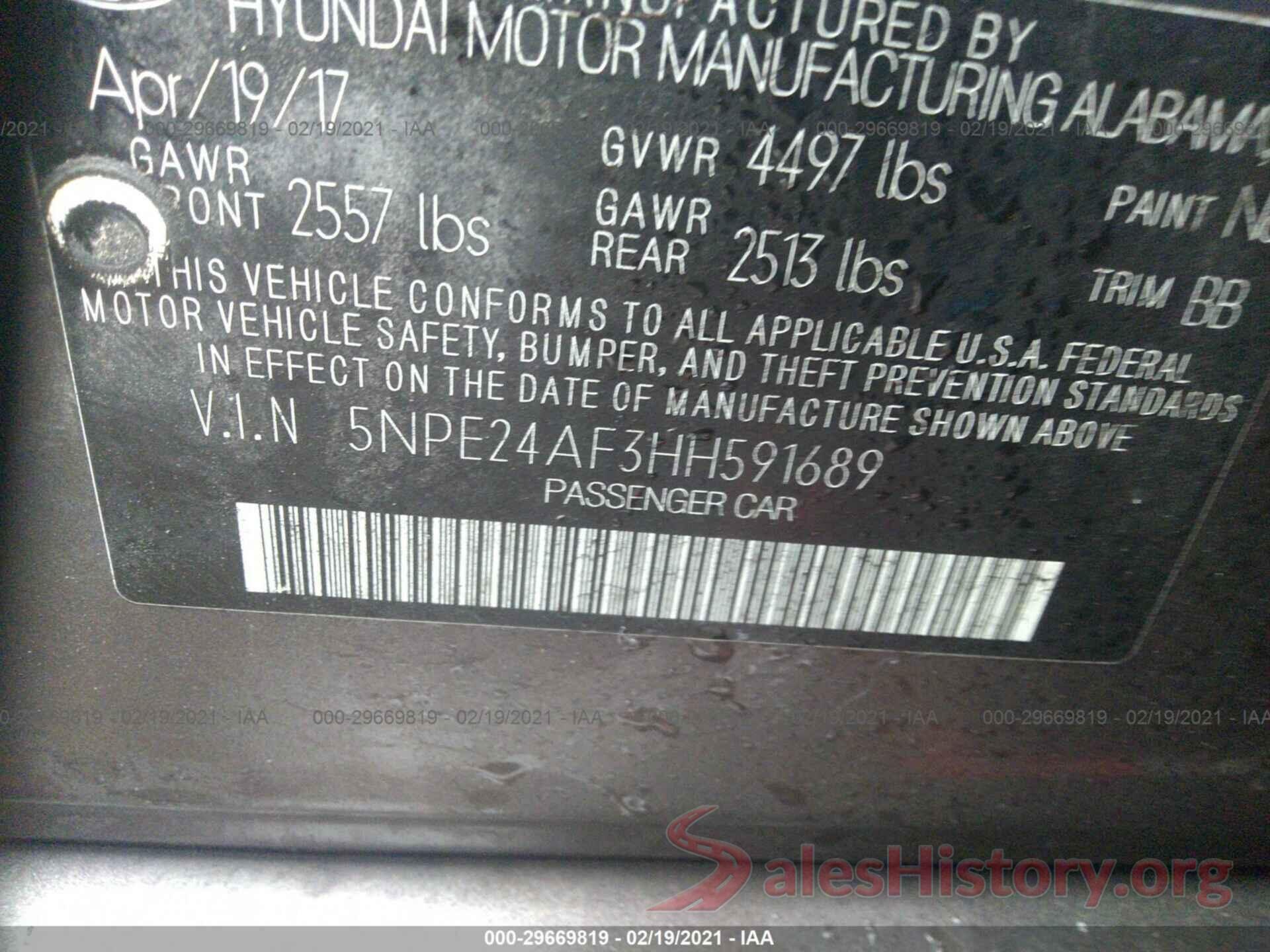 5NPE24AF3HH591689 2017 HYUNDAI SONATA