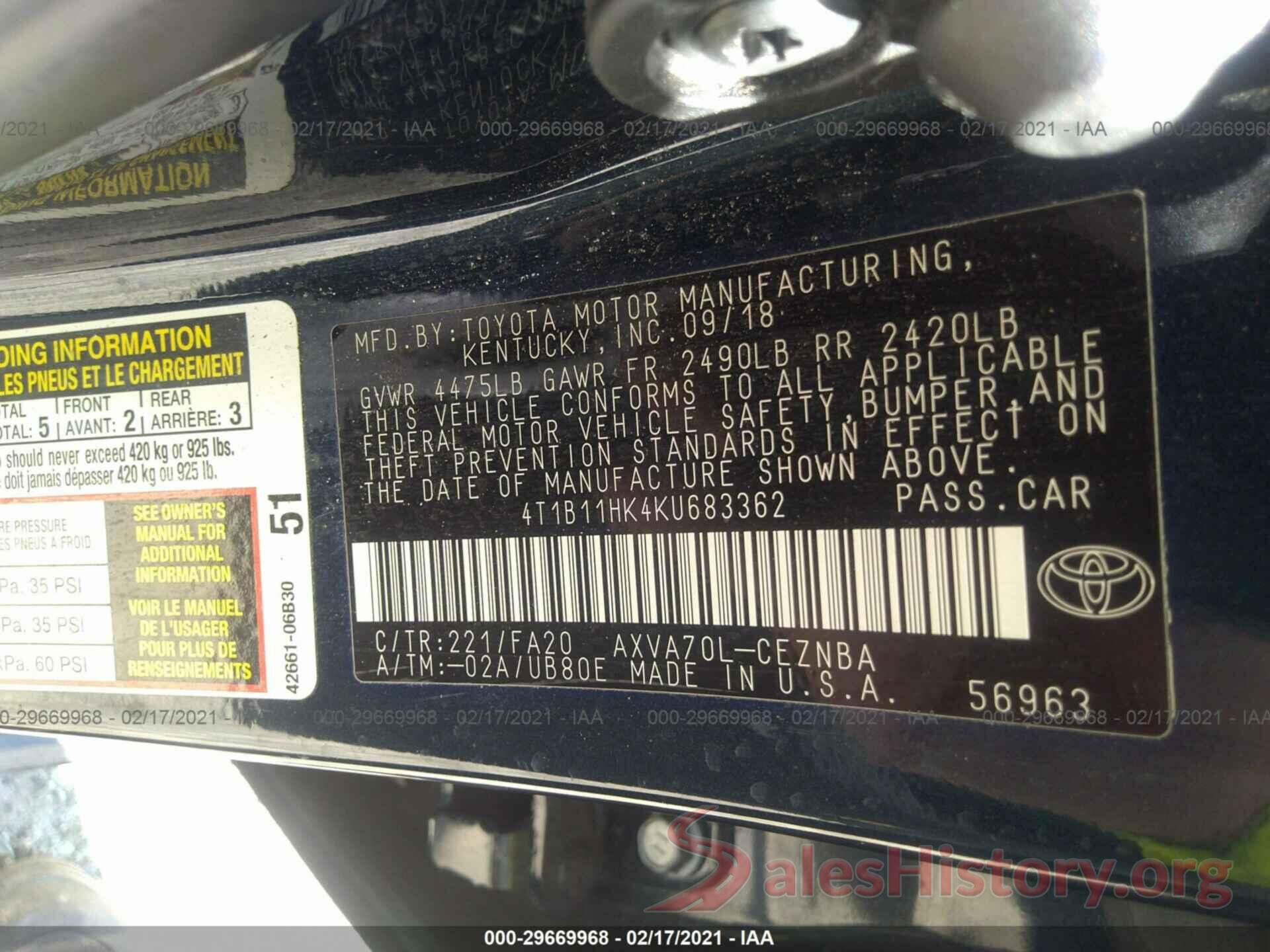 4T1B11HK4KU683362 2019 TOYOTA CAMRY