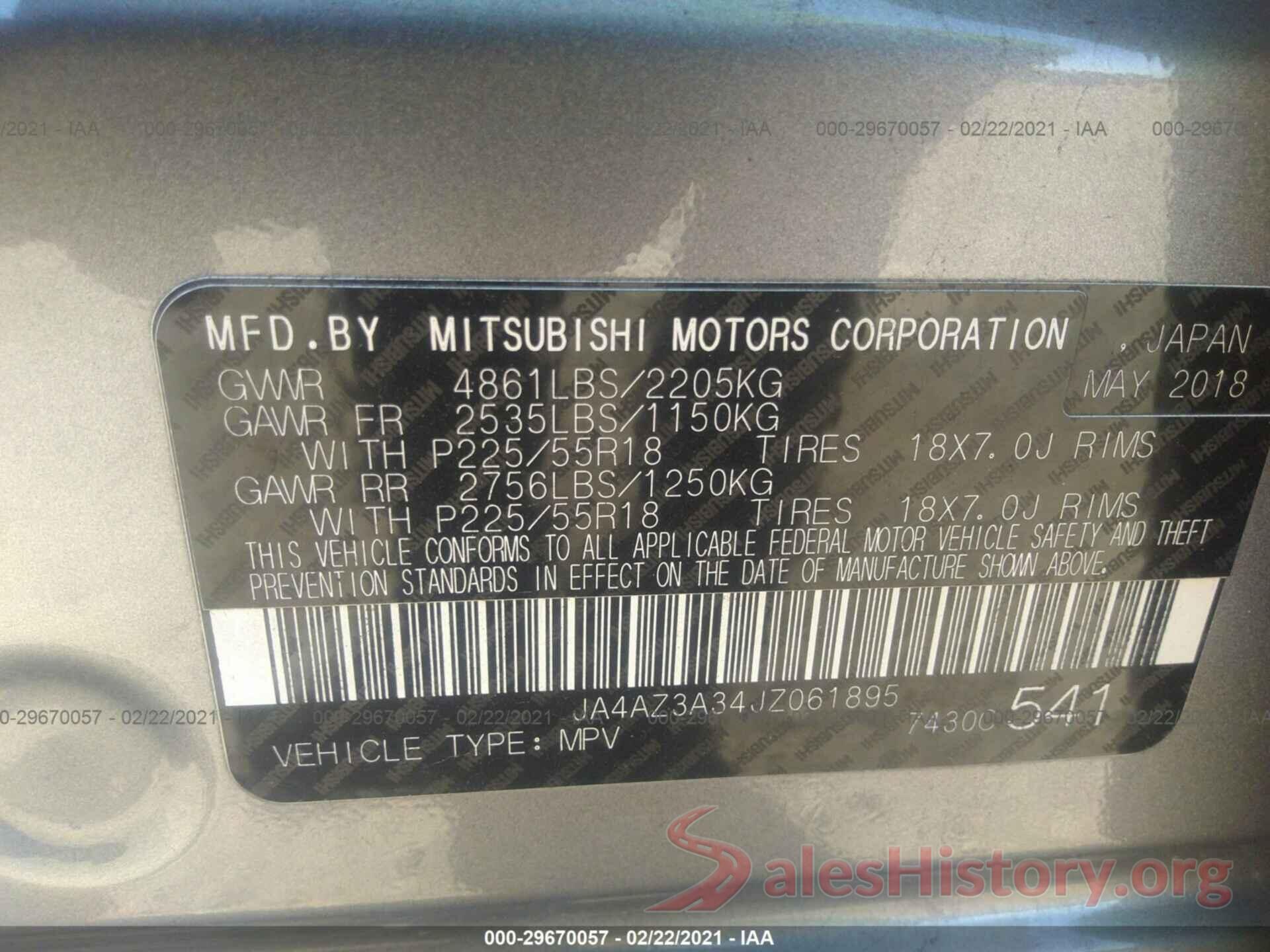 JA4AZ3A34JZ061895 2018 MITSUBISHI OUTLANDER