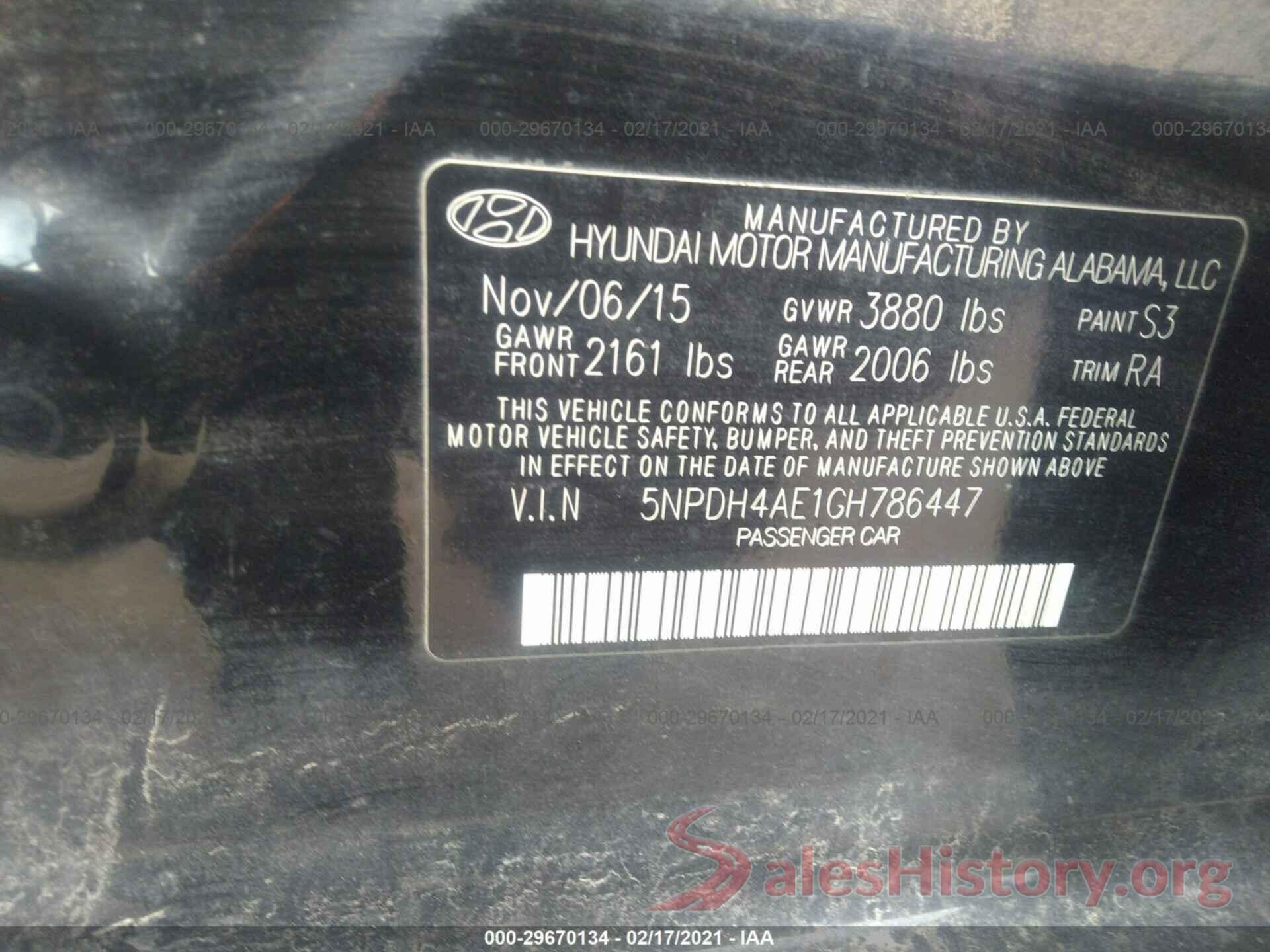 5NPDH4AE1GH786447 2016 HYUNDAI ELANTRA