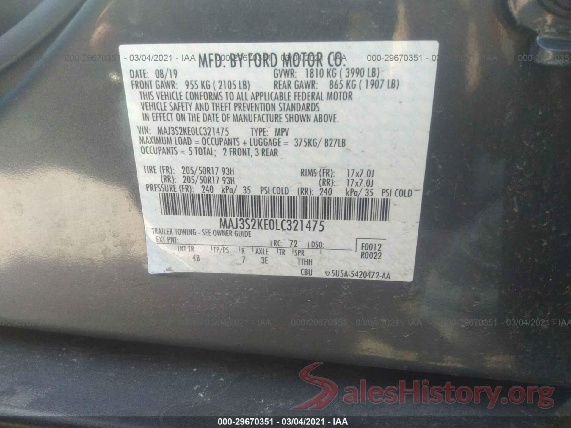 MAJ3S2KE0LC321475 2020 FORD ECOSPORT