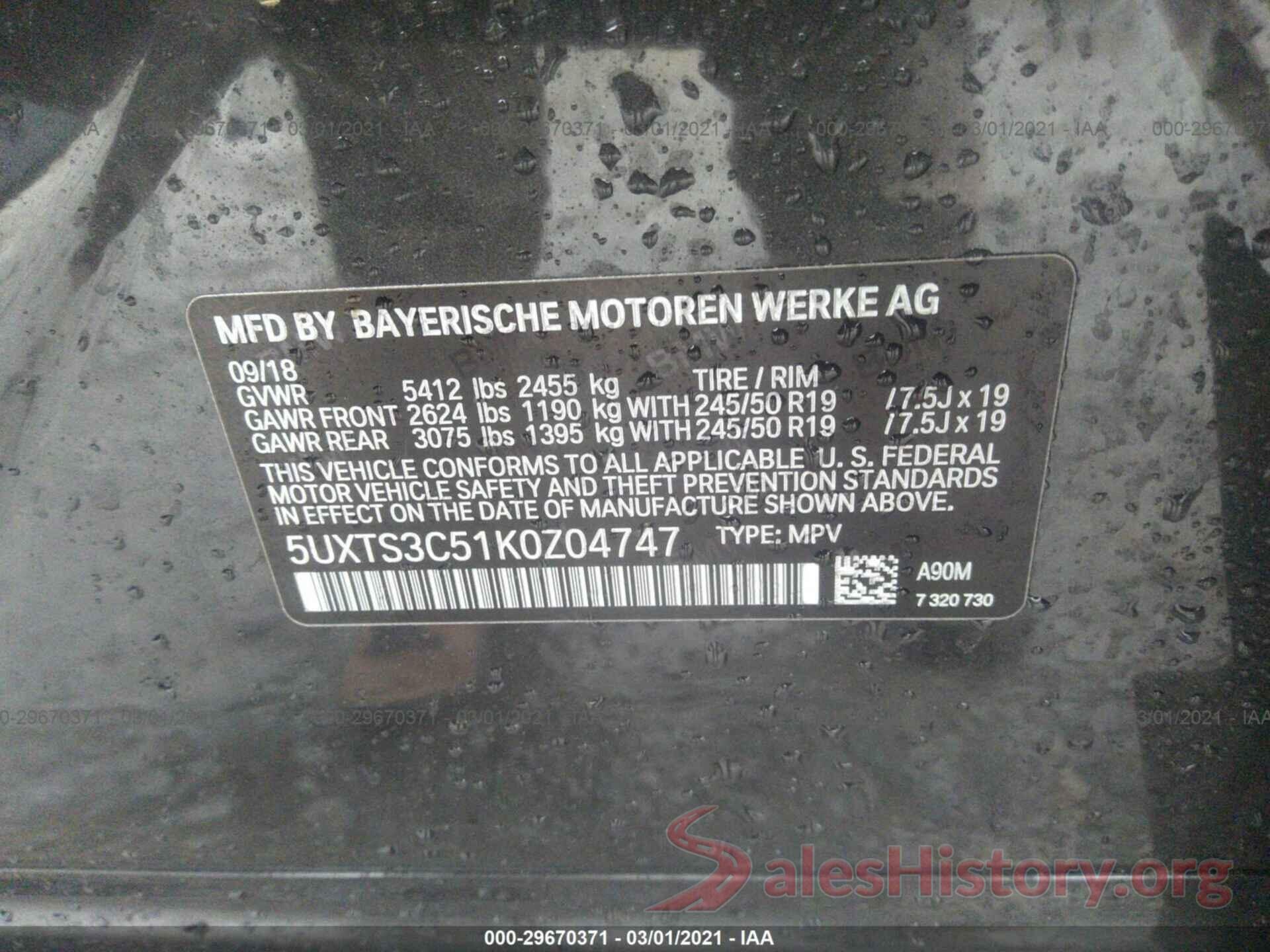 5UXTS3C51K0Z04747 2019 BMW X3