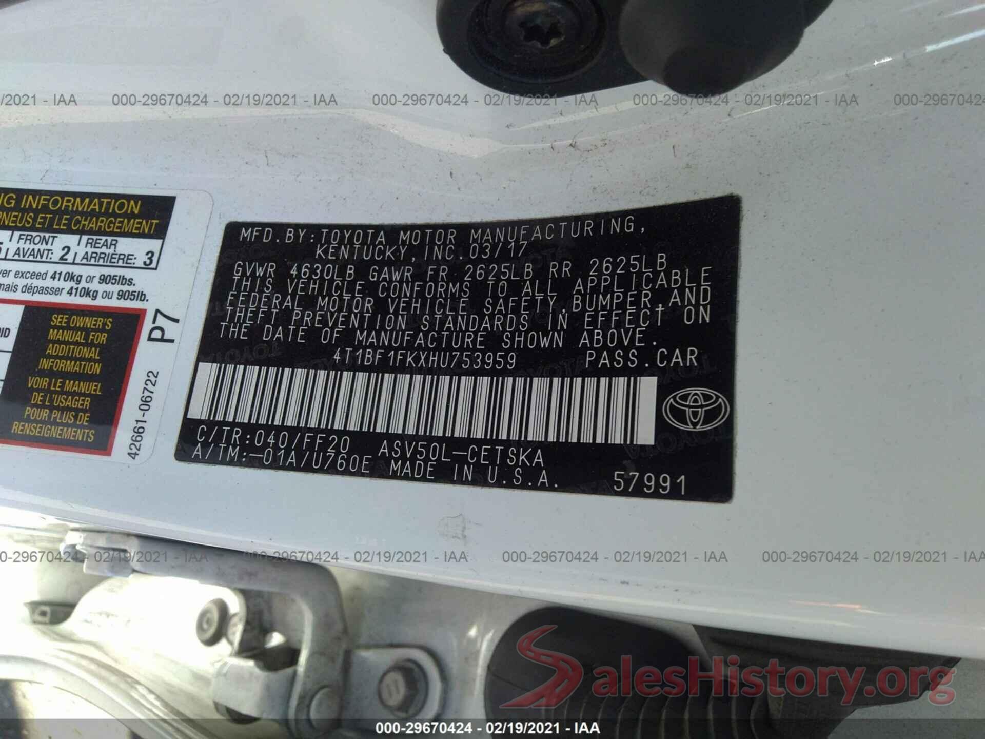 4T1BF1FKXHU753959 2017 TOYOTA CAMRY