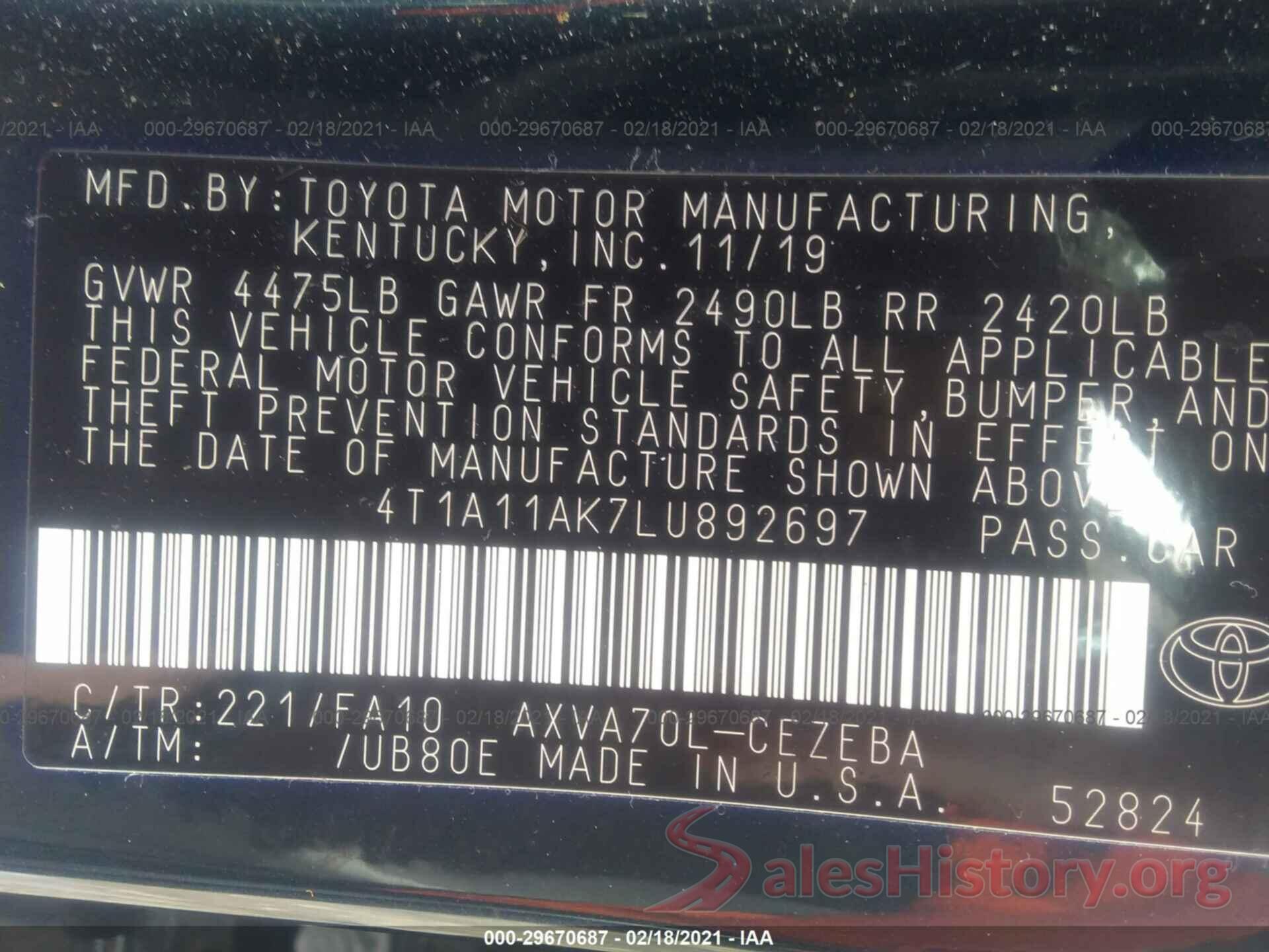 4T1A11AK7LU892697 2020 TOYOTA CAMRY