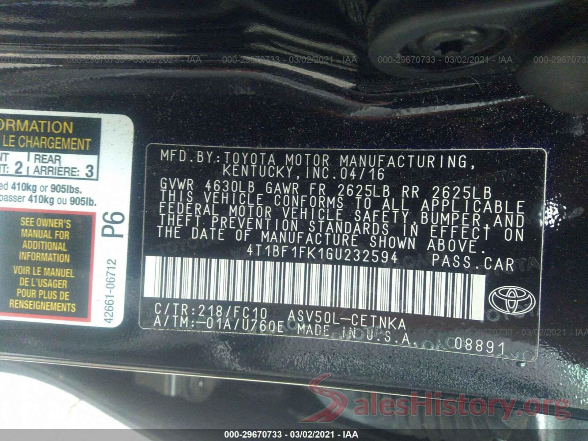 4T1BF1FK1GU232594 2016 TOYOTA CAMRY