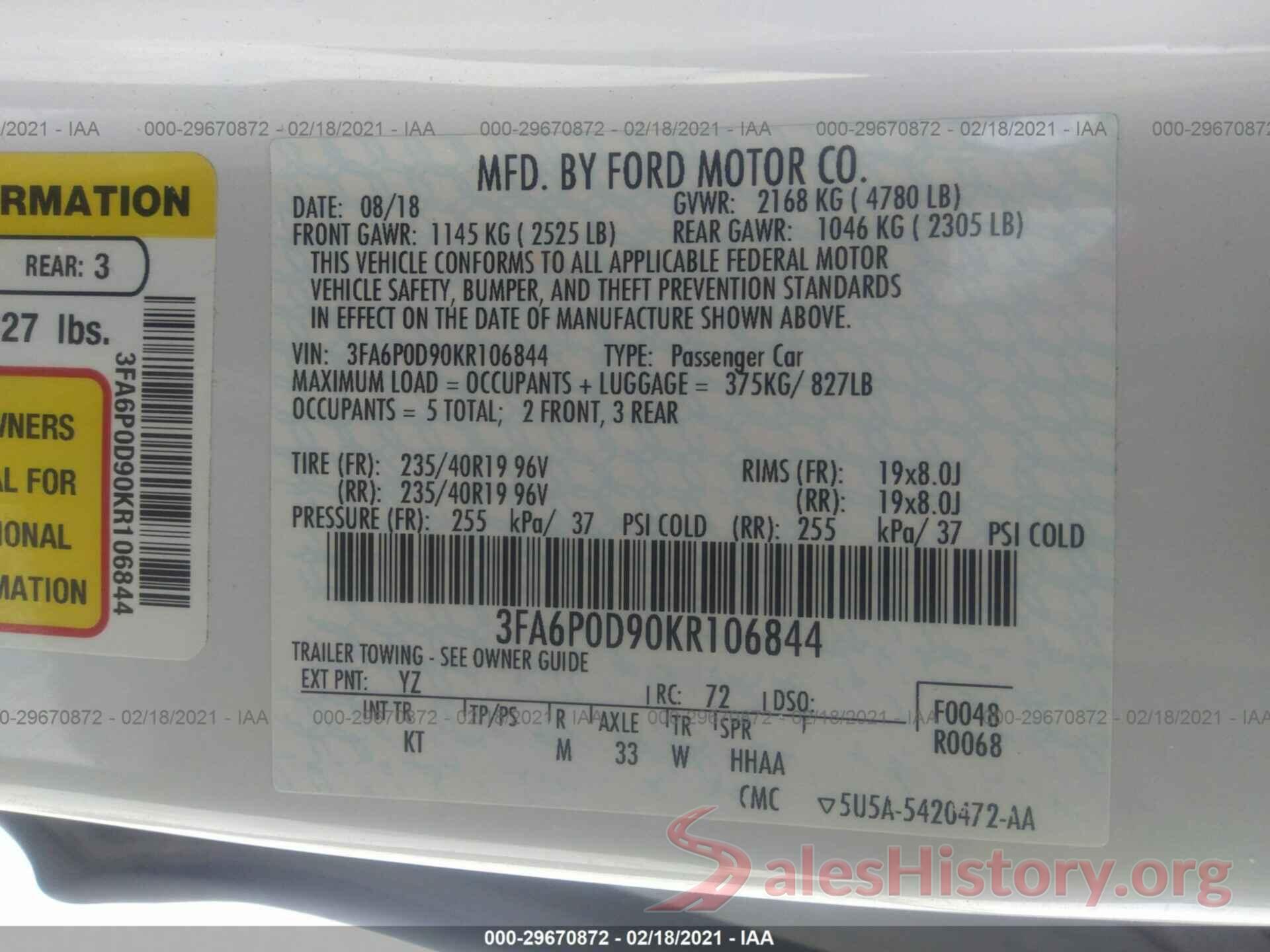 3FA6P0D90KR106844 2019 FORD FUSION