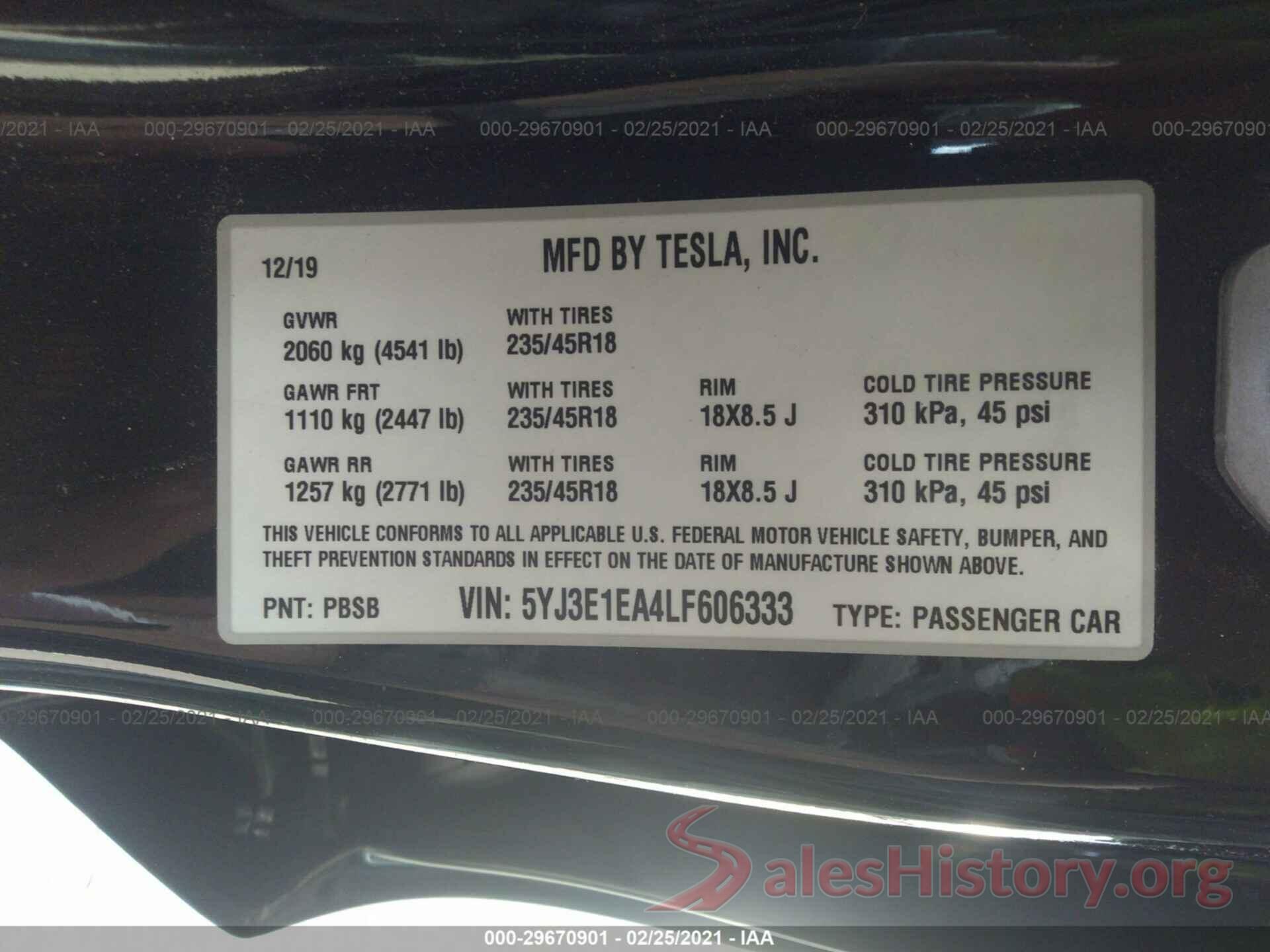 5YJ3E1EA4LF606333 2020 TESLA MODEL 3