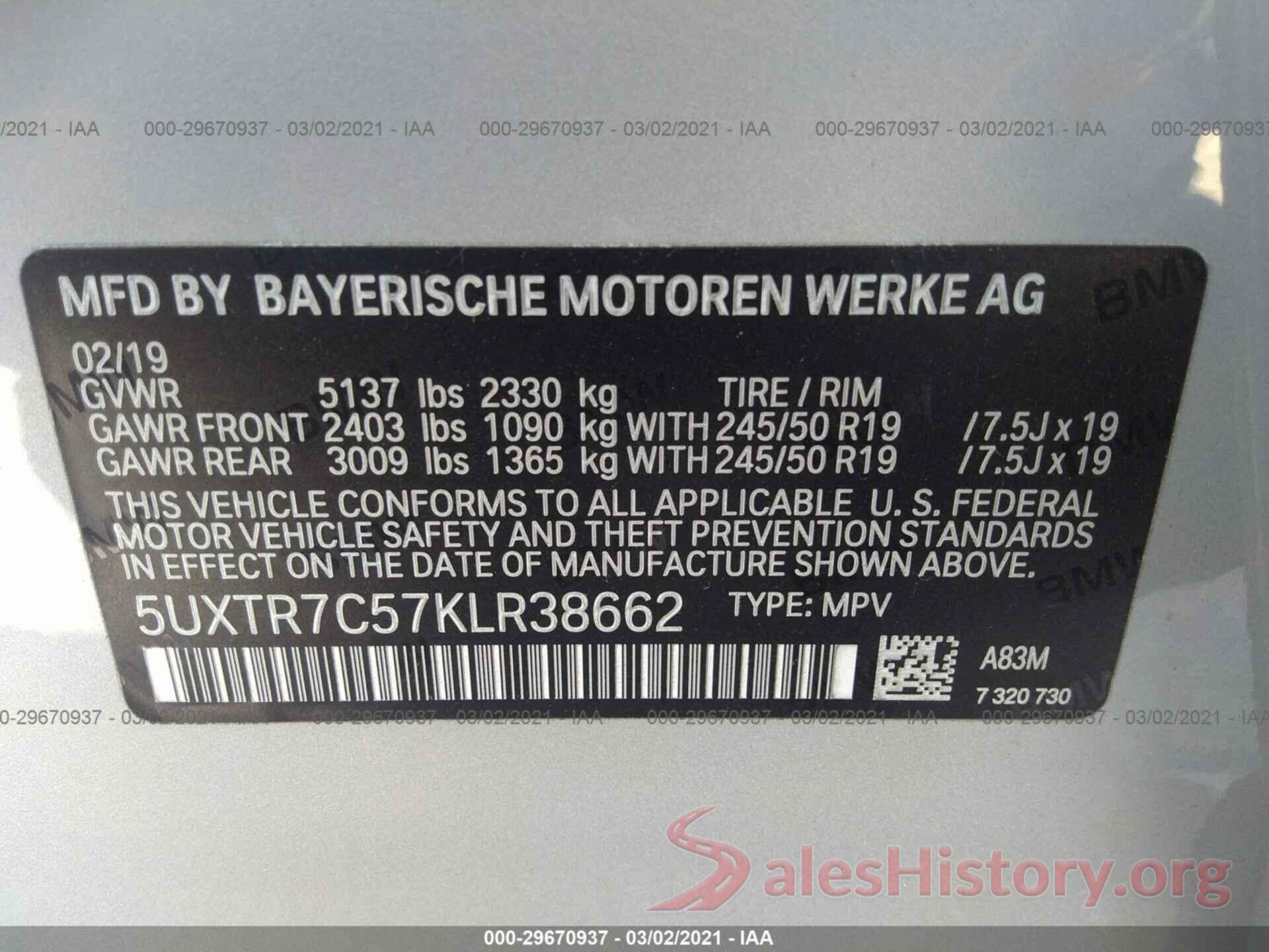 5UXTR7C57KLR38662 2019 BMW X3