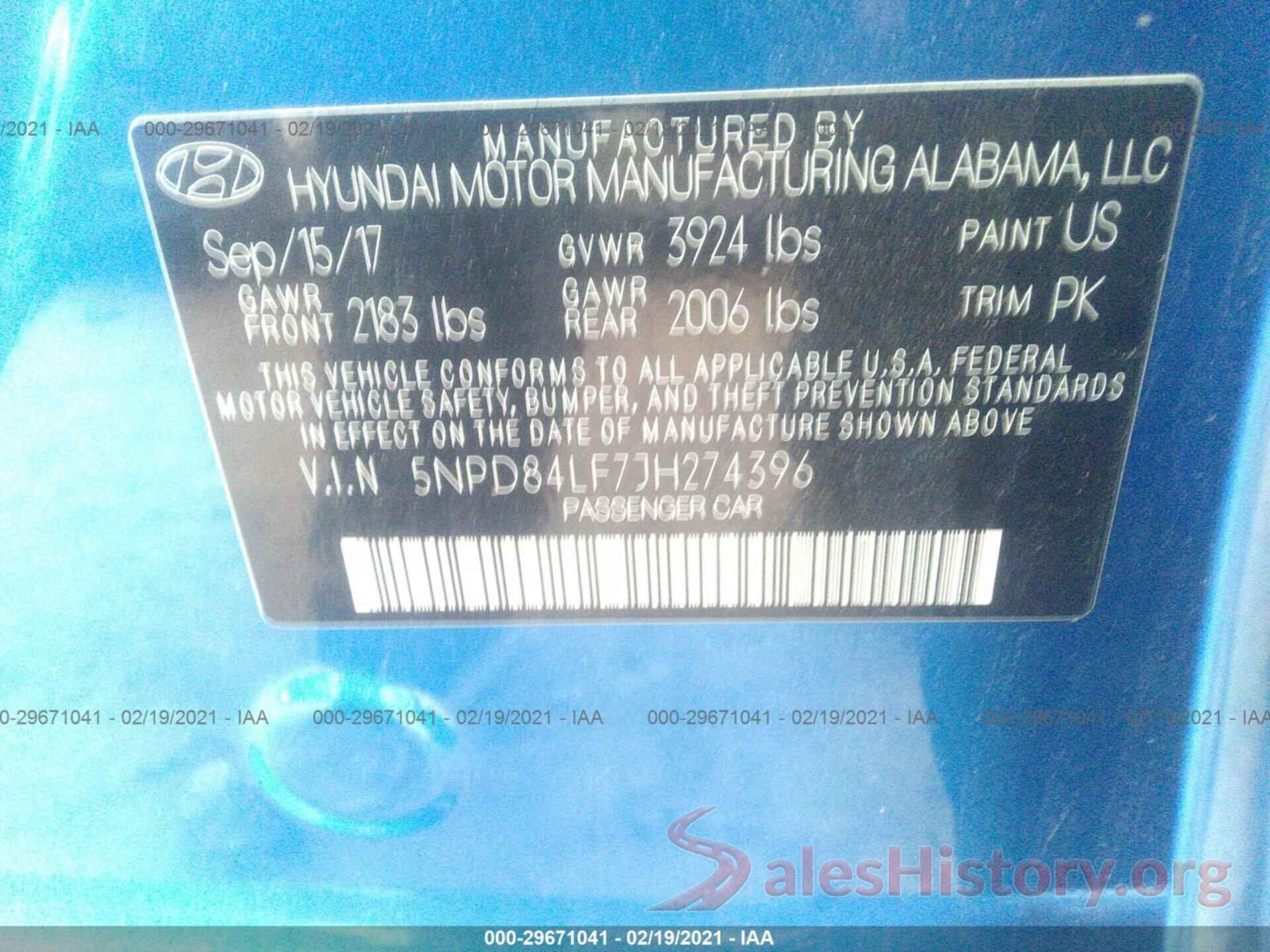 5NPD84LF7JH274396 2018 HYUNDAI ELANTRA