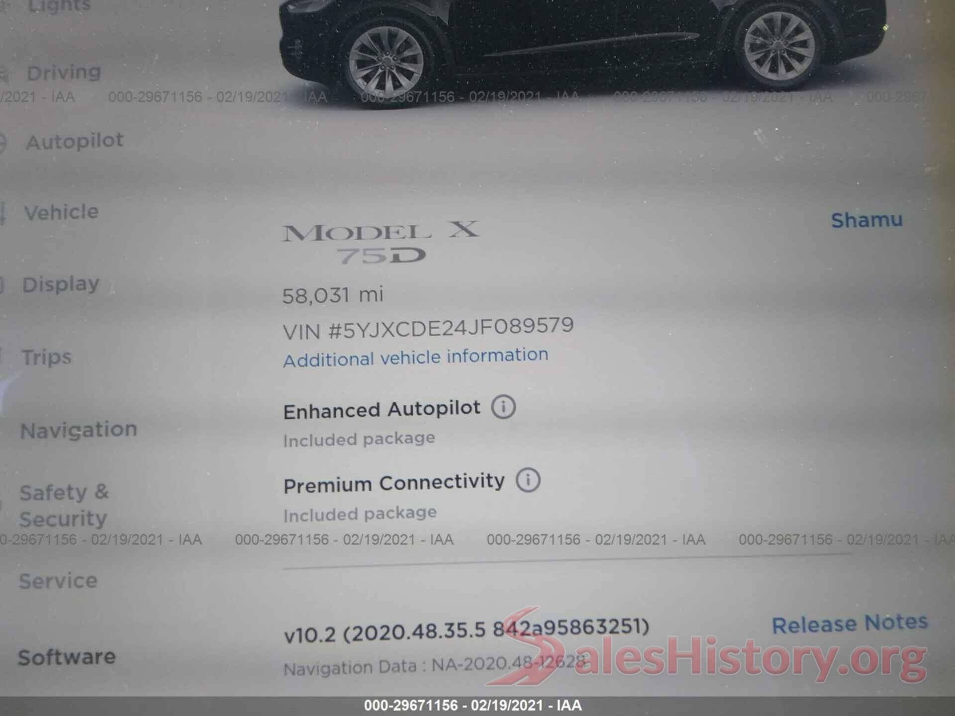 5YJXCDE24JF089579 2018 TESLA MODEL X