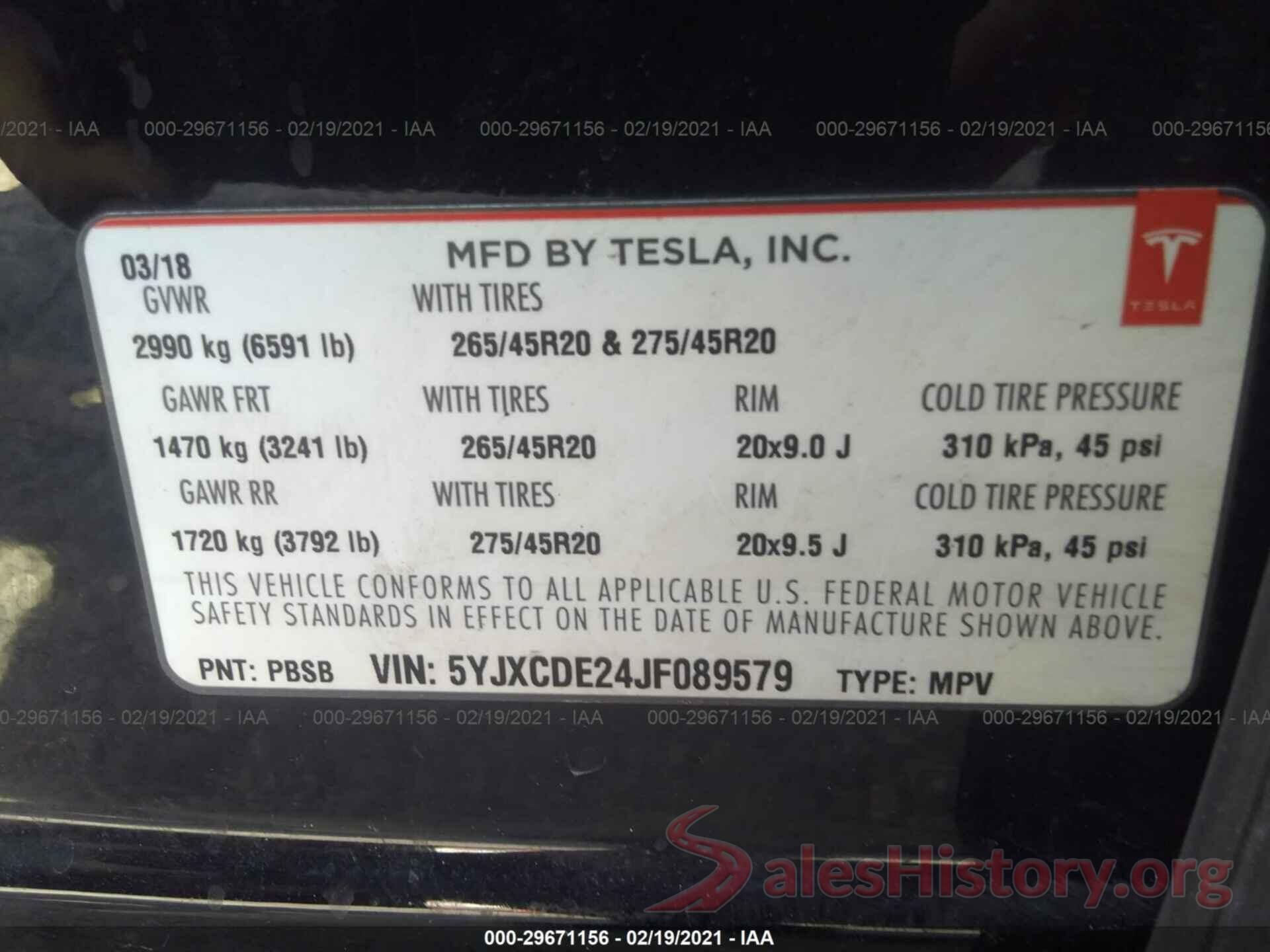 5YJXCDE24JF089579 2018 TESLA MODEL X