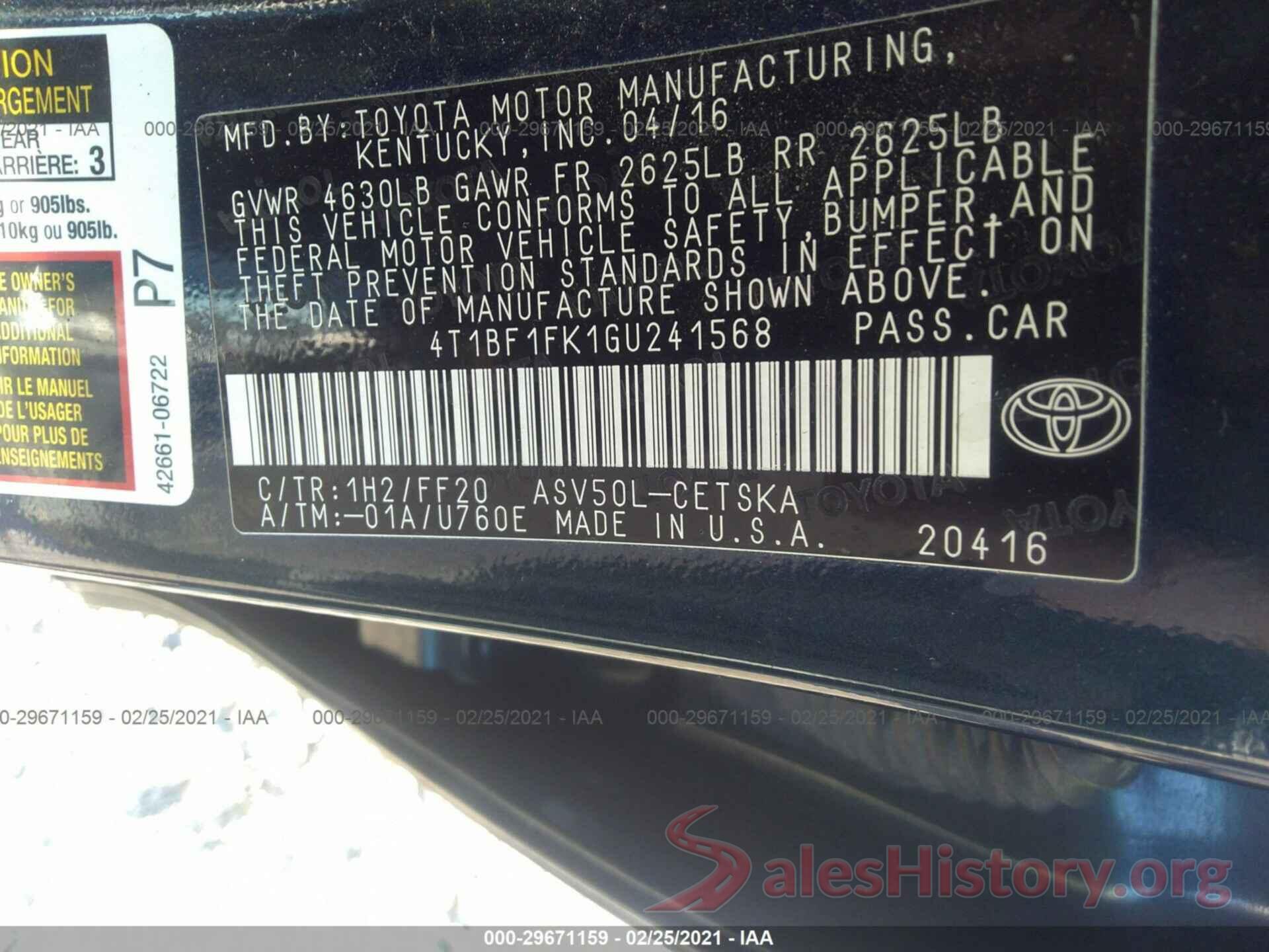 4T1BF1FK1GU241568 2016 TOYOTA CAMRY