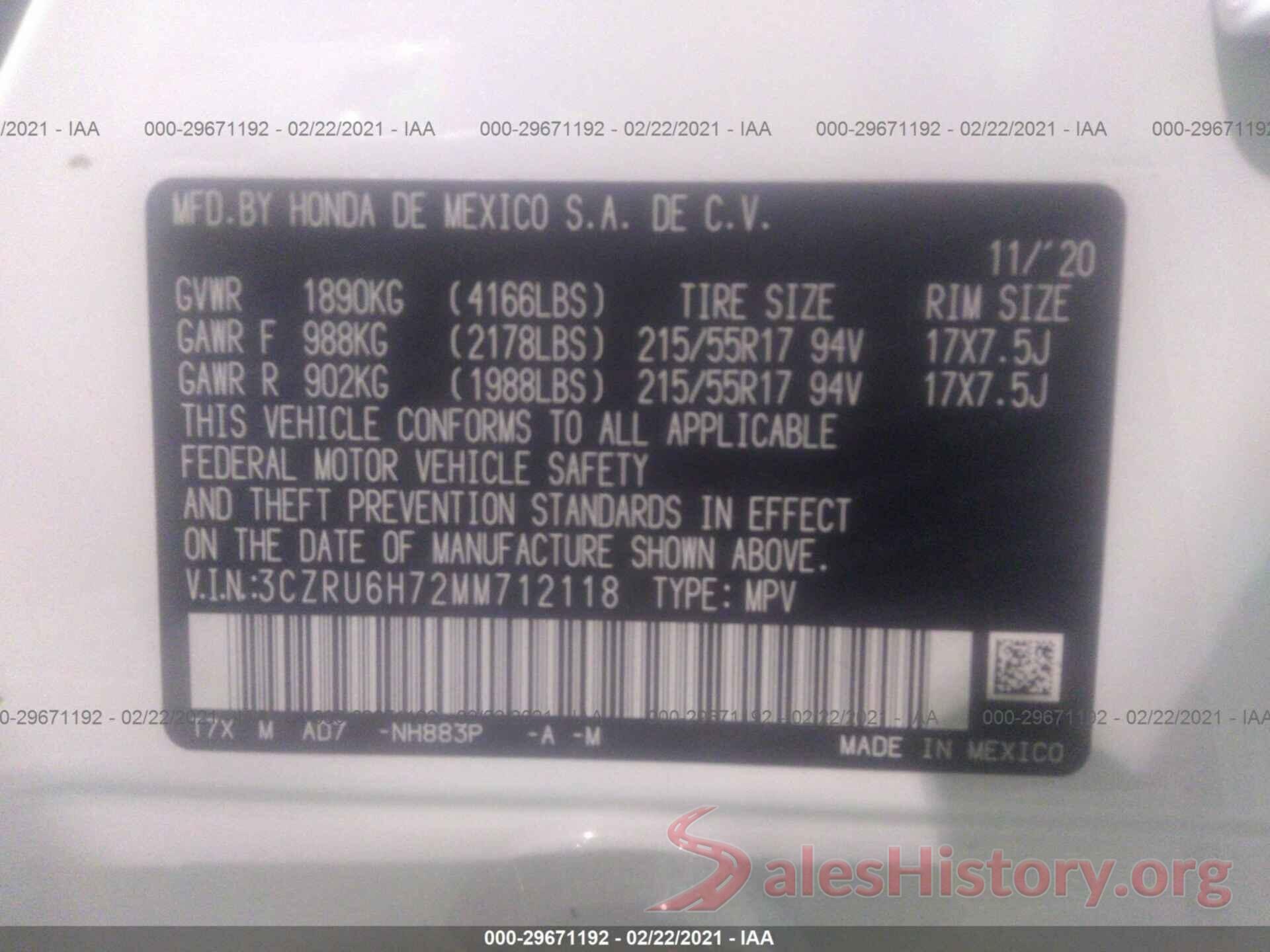 3CZRU6H72MM712118 2021 HONDA HR-V