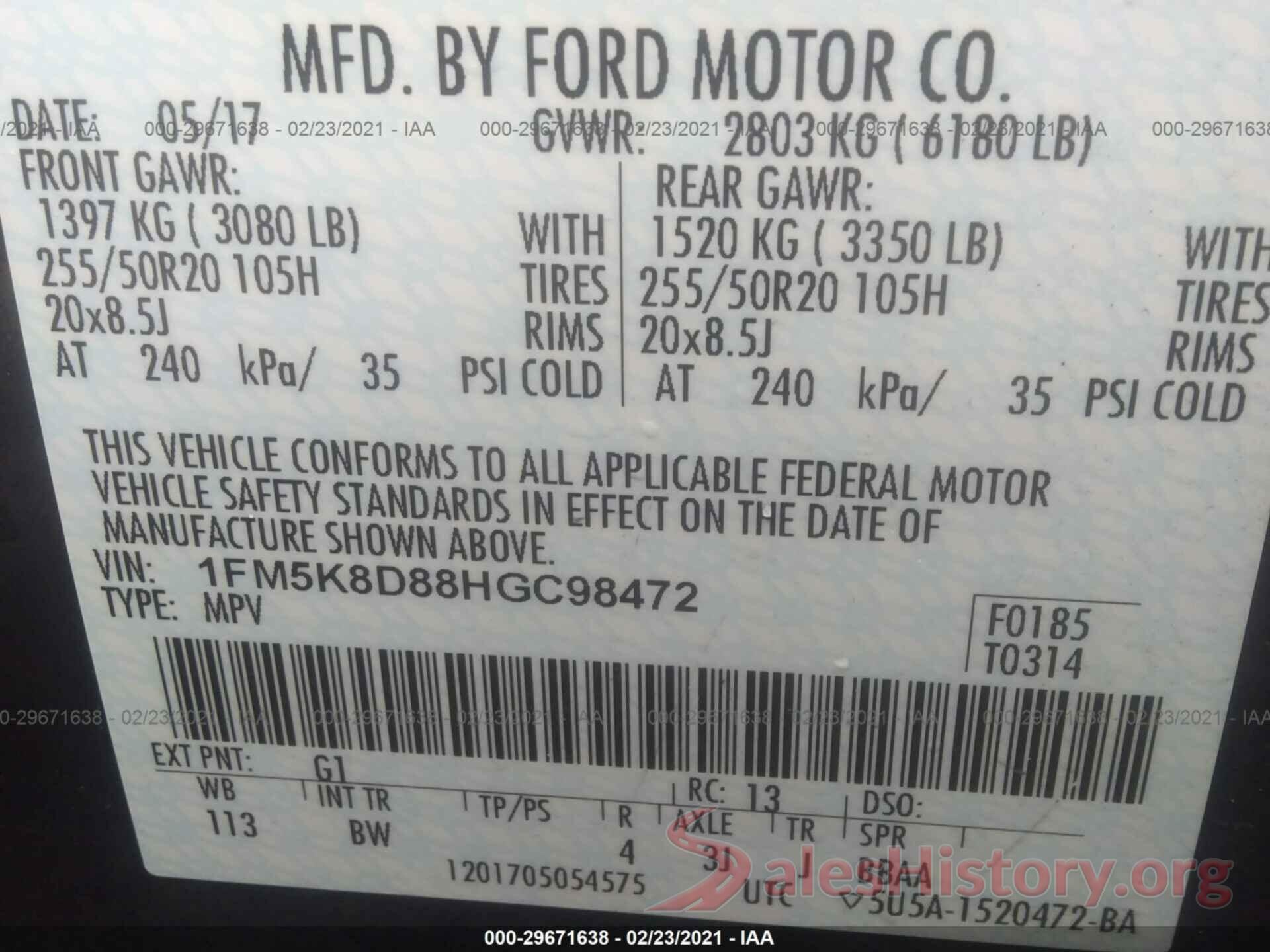 1FM5K8D88HGC98472 2017 FORD EXPLORER