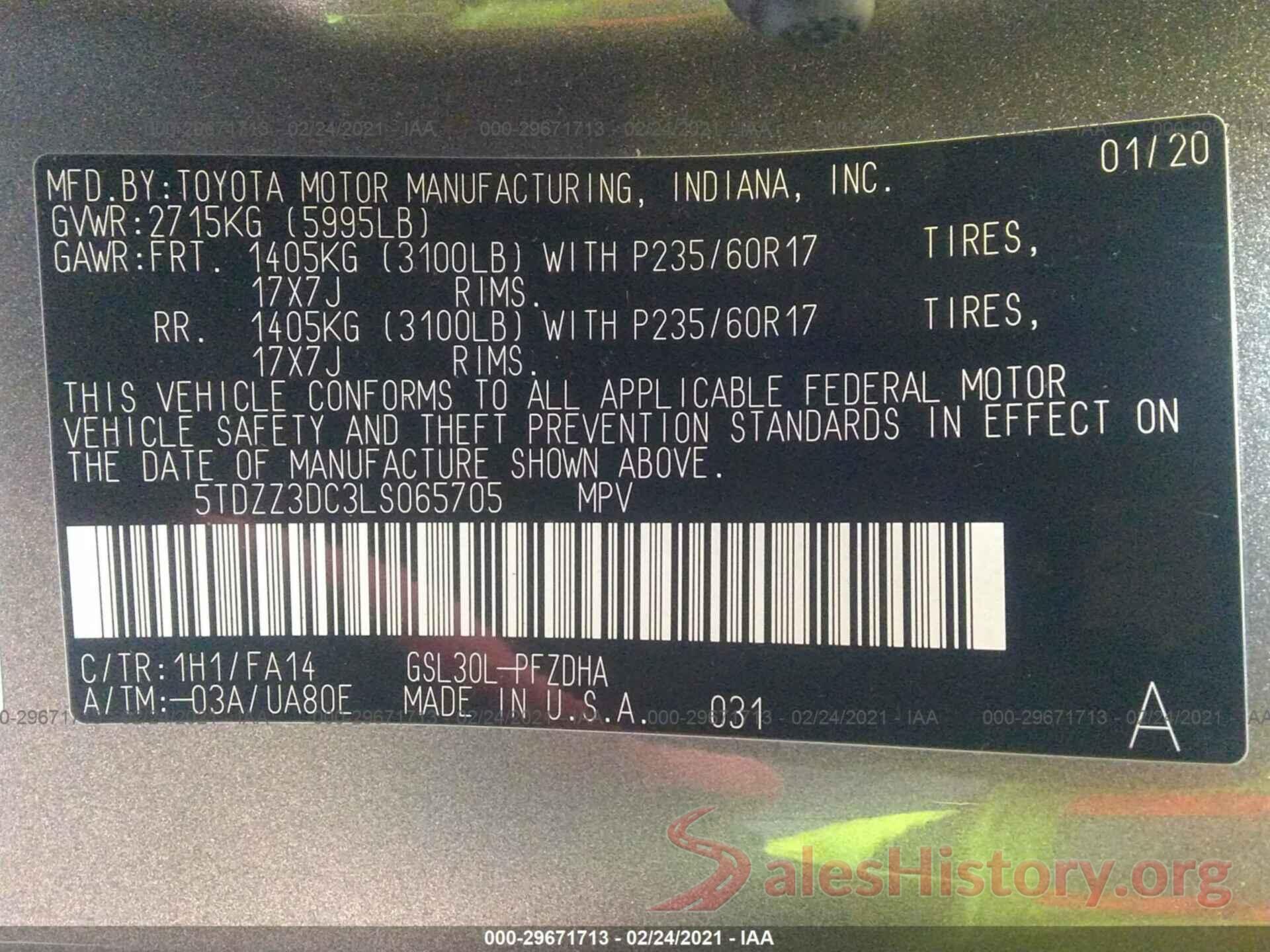 5TDZZ3DC3LS065705 2020 TOYOTA SIENNA