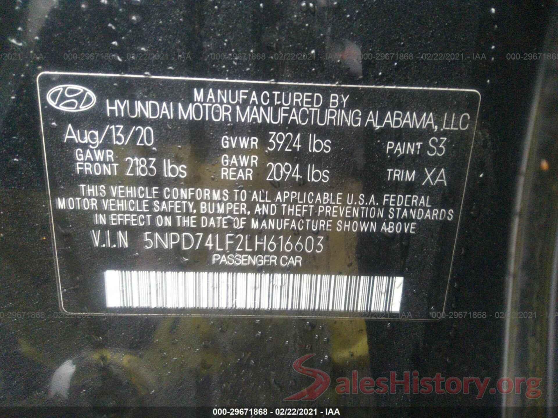 5NPD74LF2LH616603 2020 HYUNDAI ELANTRA