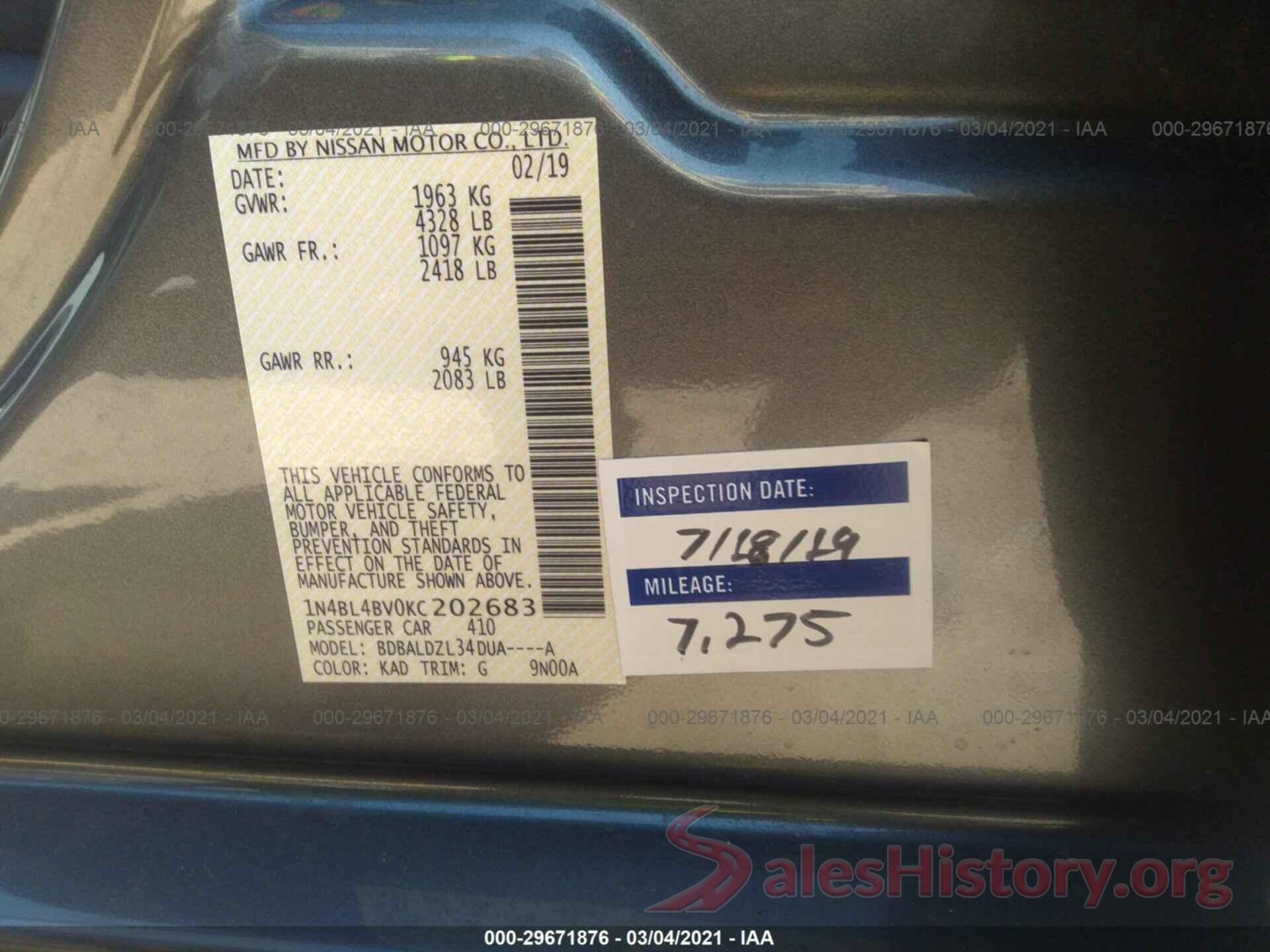 1N4BL4BV0KC202683 2019 NISSAN ALTIMA