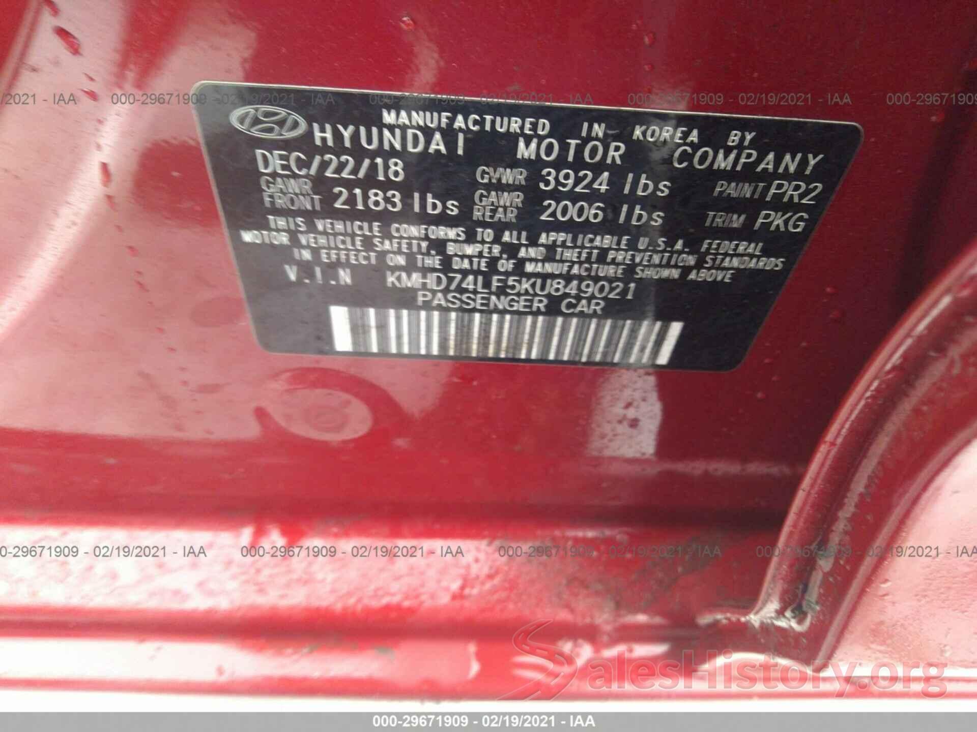 KMHD74LF5KU849021 2019 HYUNDAI ELANTRA