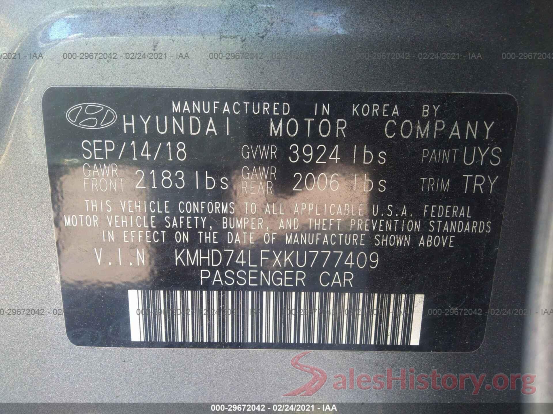 KMHD74LFXKU777409 2019 HYUNDAI ELANTRA