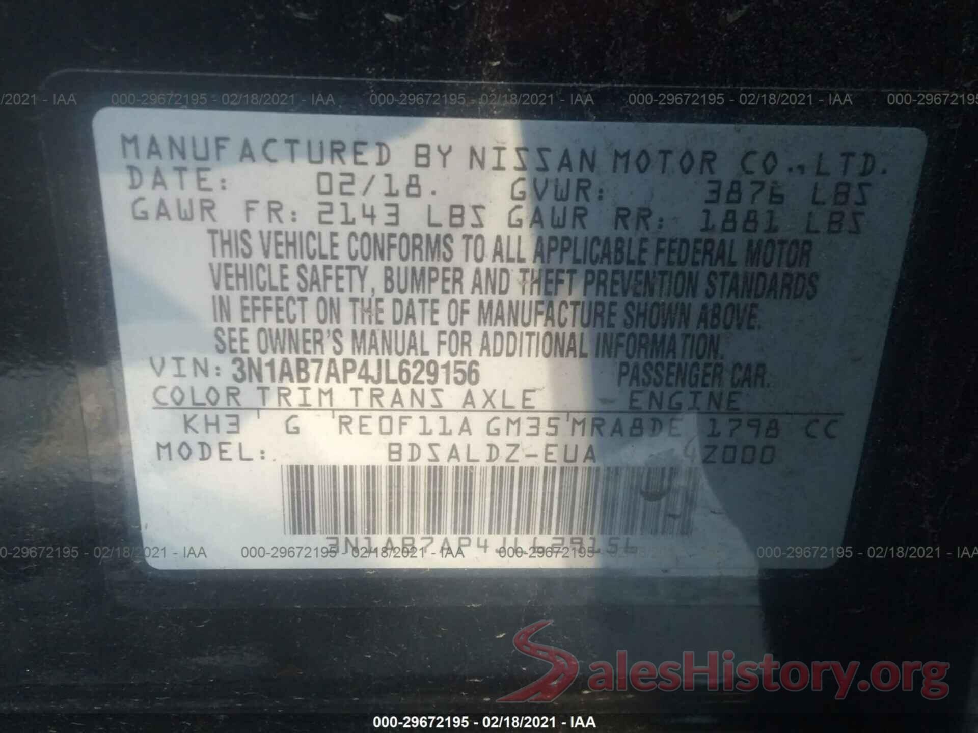 3N1AB7AP4JL629156 2018 NISSAN SENTRA