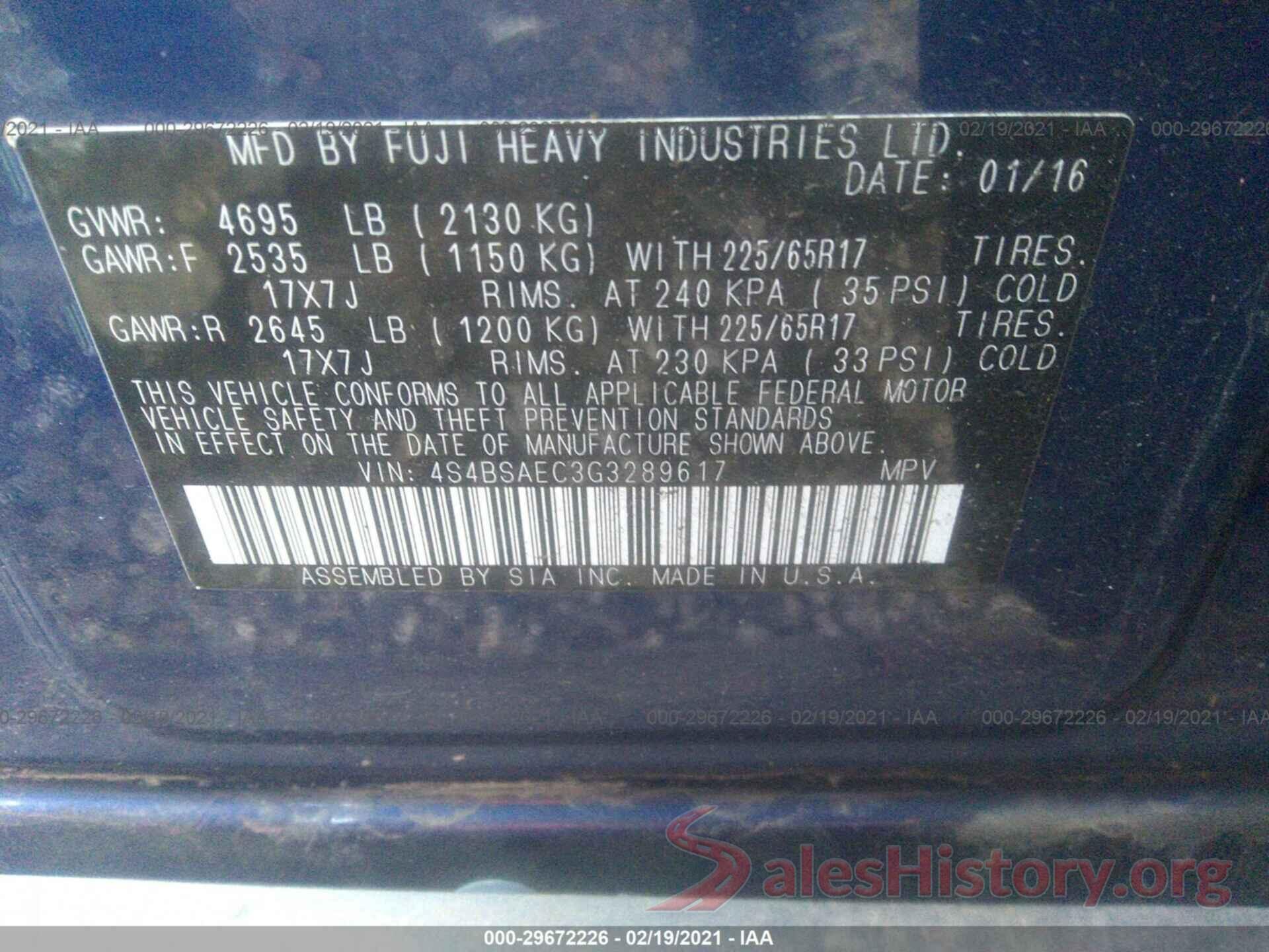 4S4BSAEC3G3289617 2016 SUBARU OUTBACK