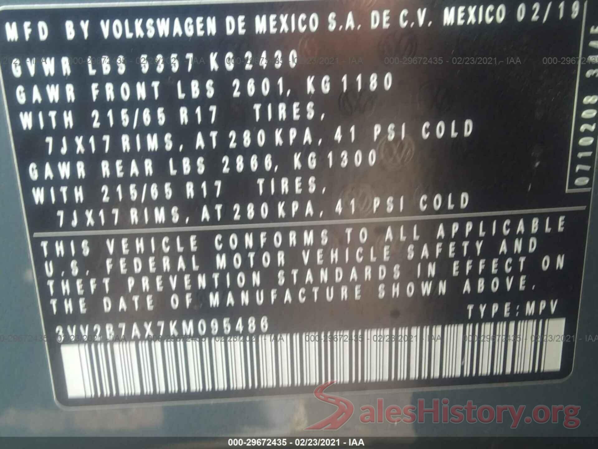 3VV2B7AX7KM095486 2019 VOLKSWAGEN TIGUAN