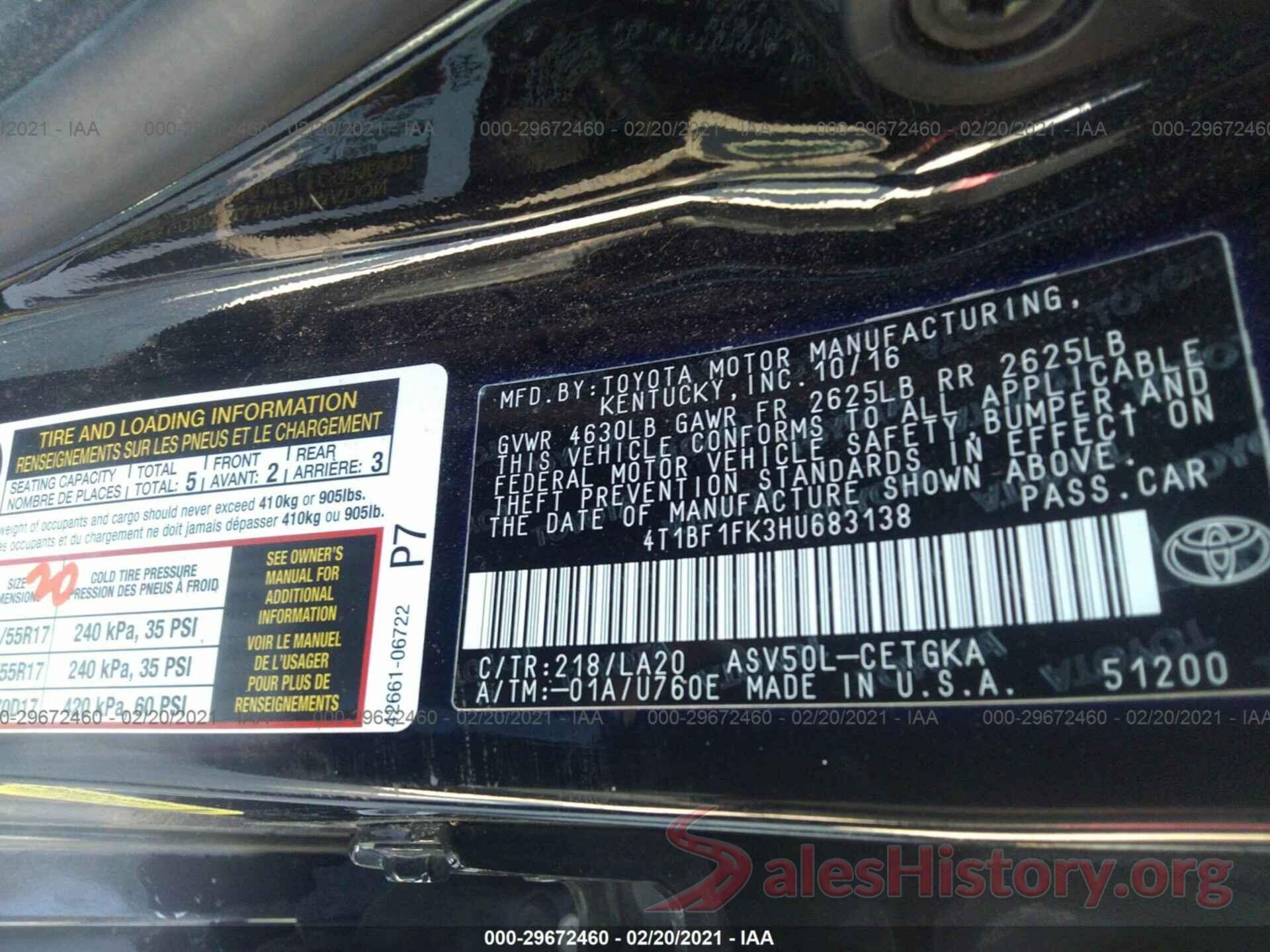 4T1BF1FK3HU683138 2017 TOYOTA CAMRY