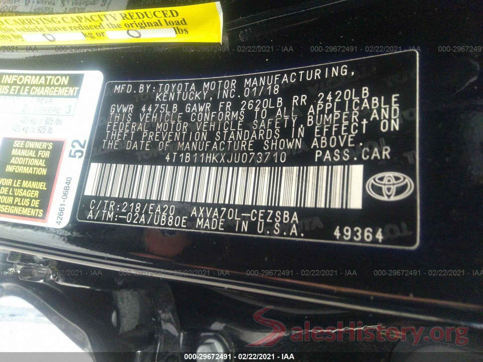 4T1B11HKXJU073710 2018 TOYOTA CAMRY