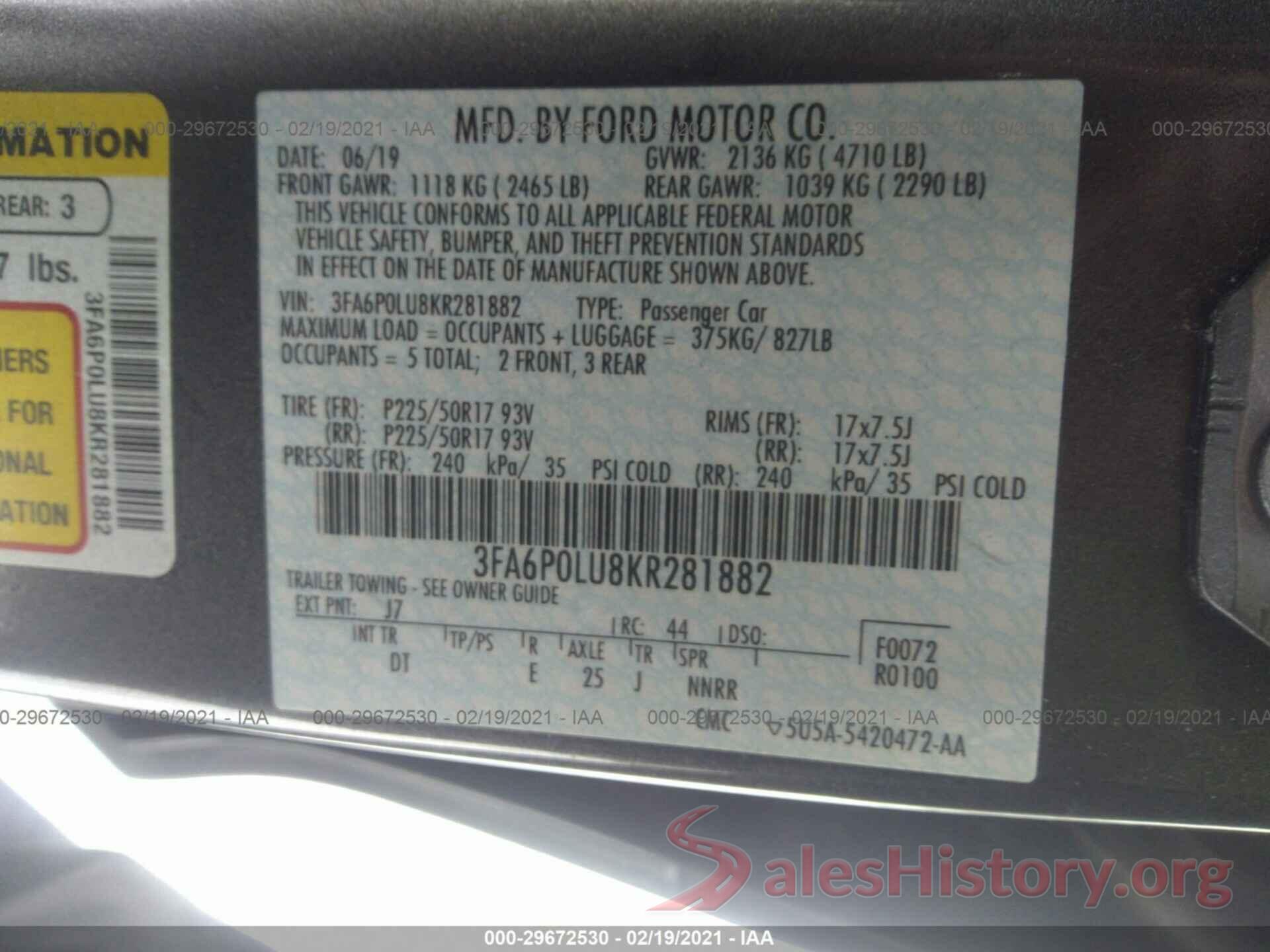 3FA6P0LU8KR281882 2019 FORD FUSION HYBRID