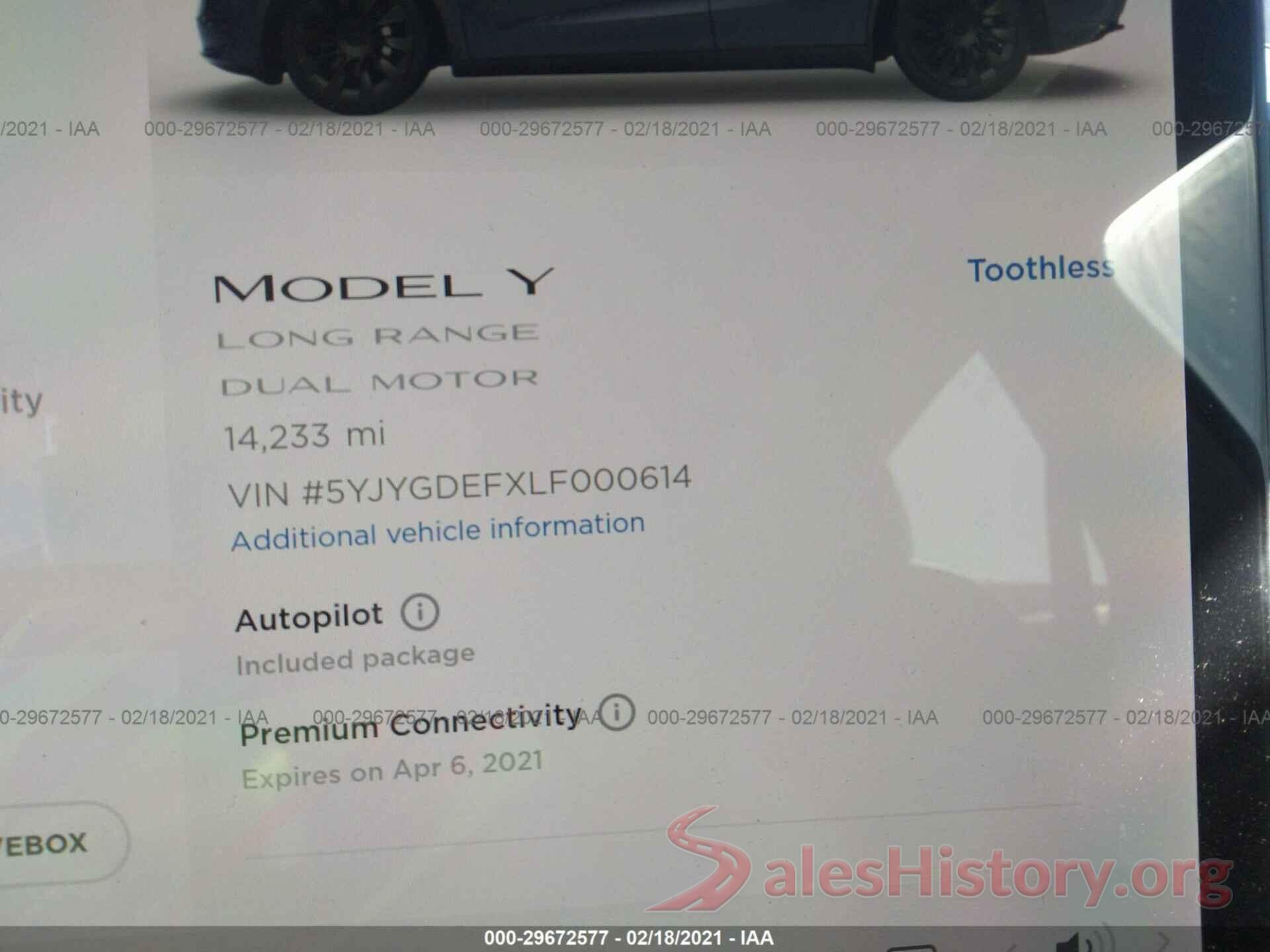 5YJYGDEFXLF000614 2020 TESLA MODEL Y