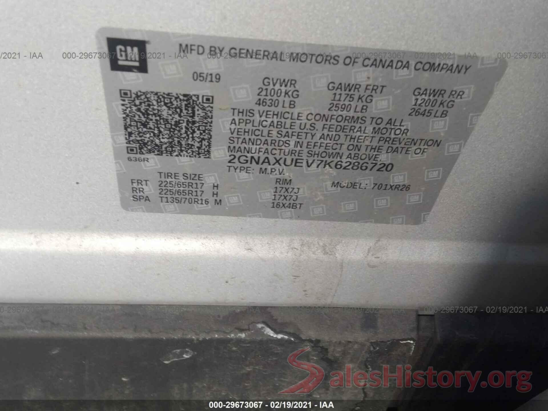 2GNAXUEV7K6286720 2019 CHEVROLET EQUINOX